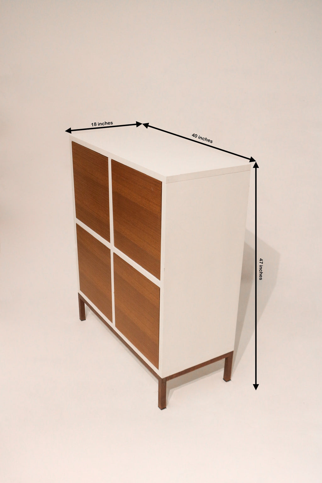 Dimensions of custom wood storage cabinet: 40 inches wide, 18 deep, and 47 tall