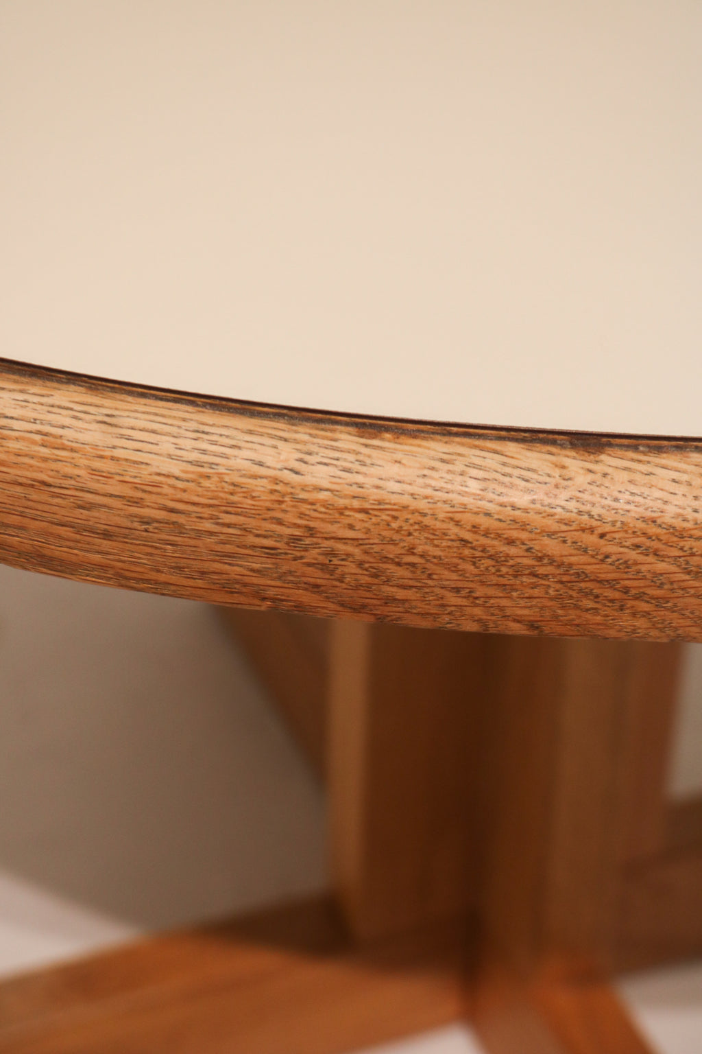 Formica table top edge trim detail showing oak wood and laminate integration