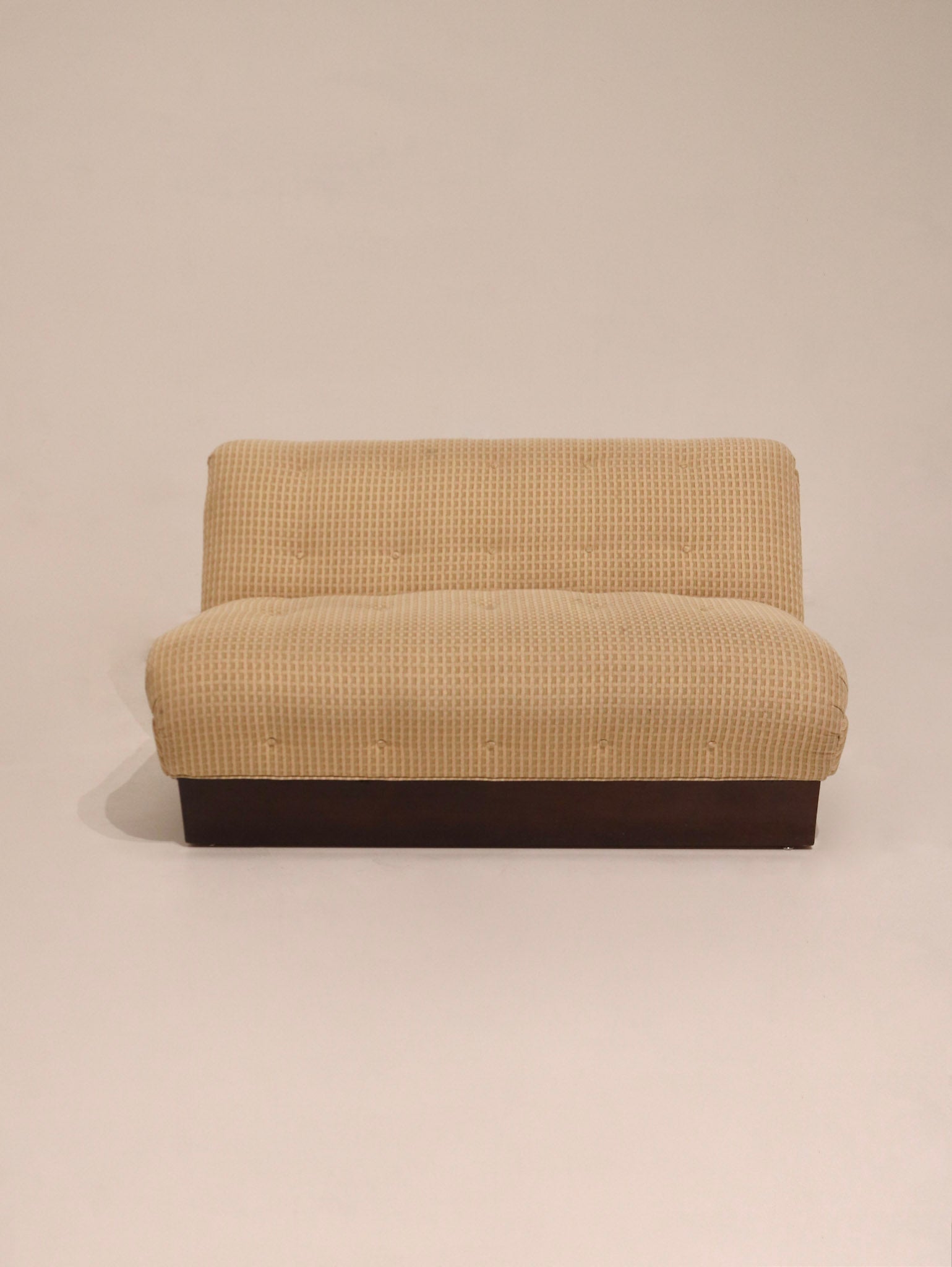 Full front view of two-seater beige sofa with channel tufted backrest