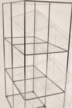 Full vertical view of the modular steel and glass shelving unit showing 3 tiers