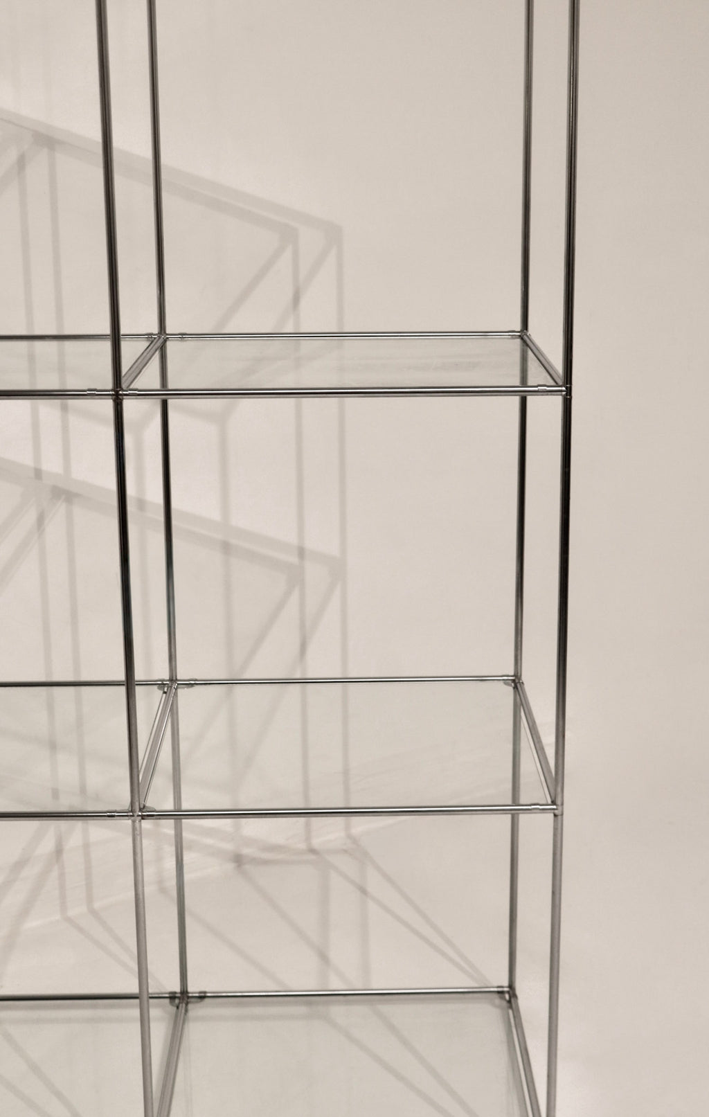 View of the grid structure and glass shelves arrangement looking through