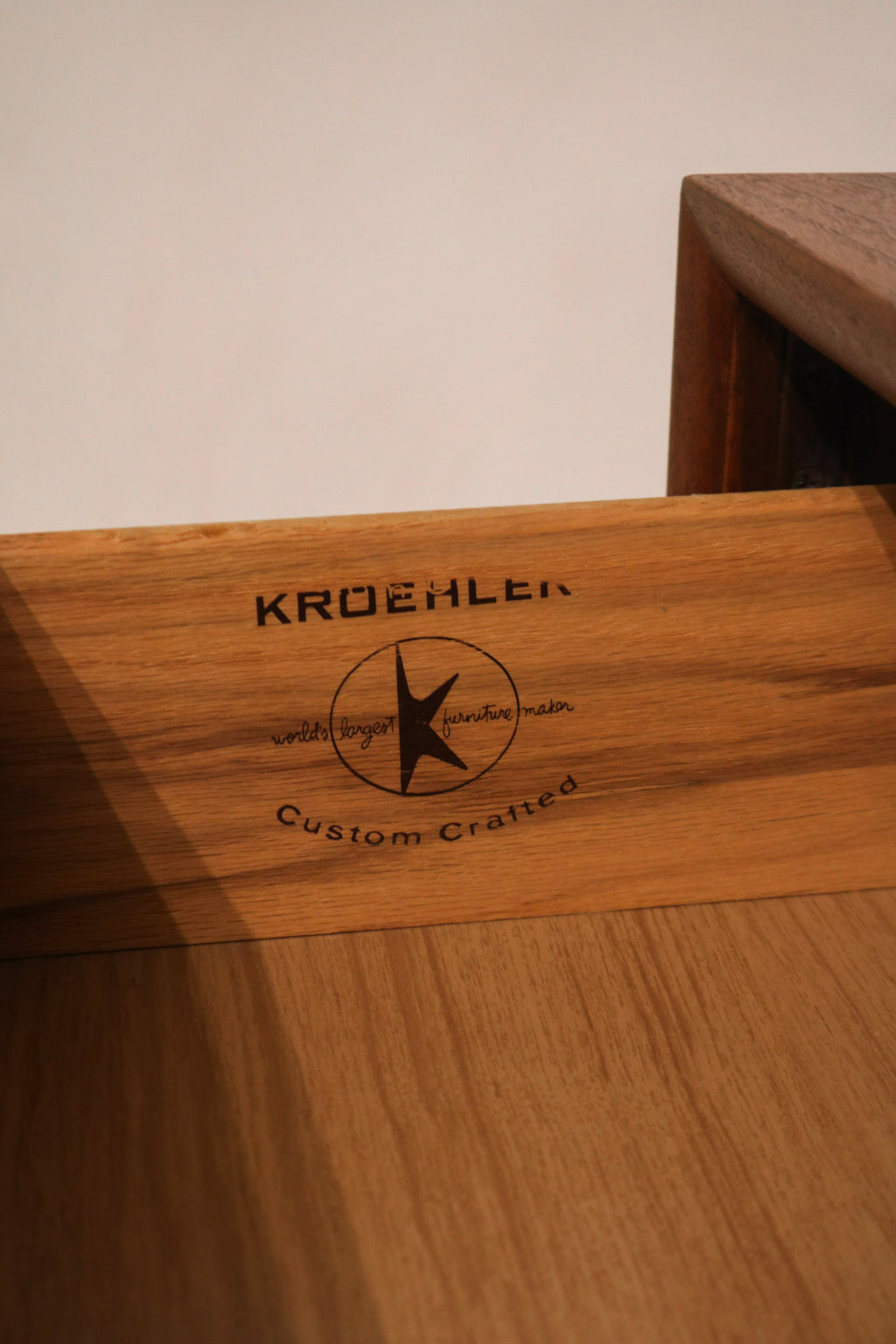 Kroehler manufacturer brand stamp inside drawer verifying authenticity