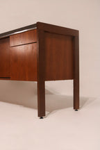Left side profile view showing walnut leg structure and clean lines