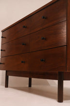 Left side view of walnut dresser profile and leg structure