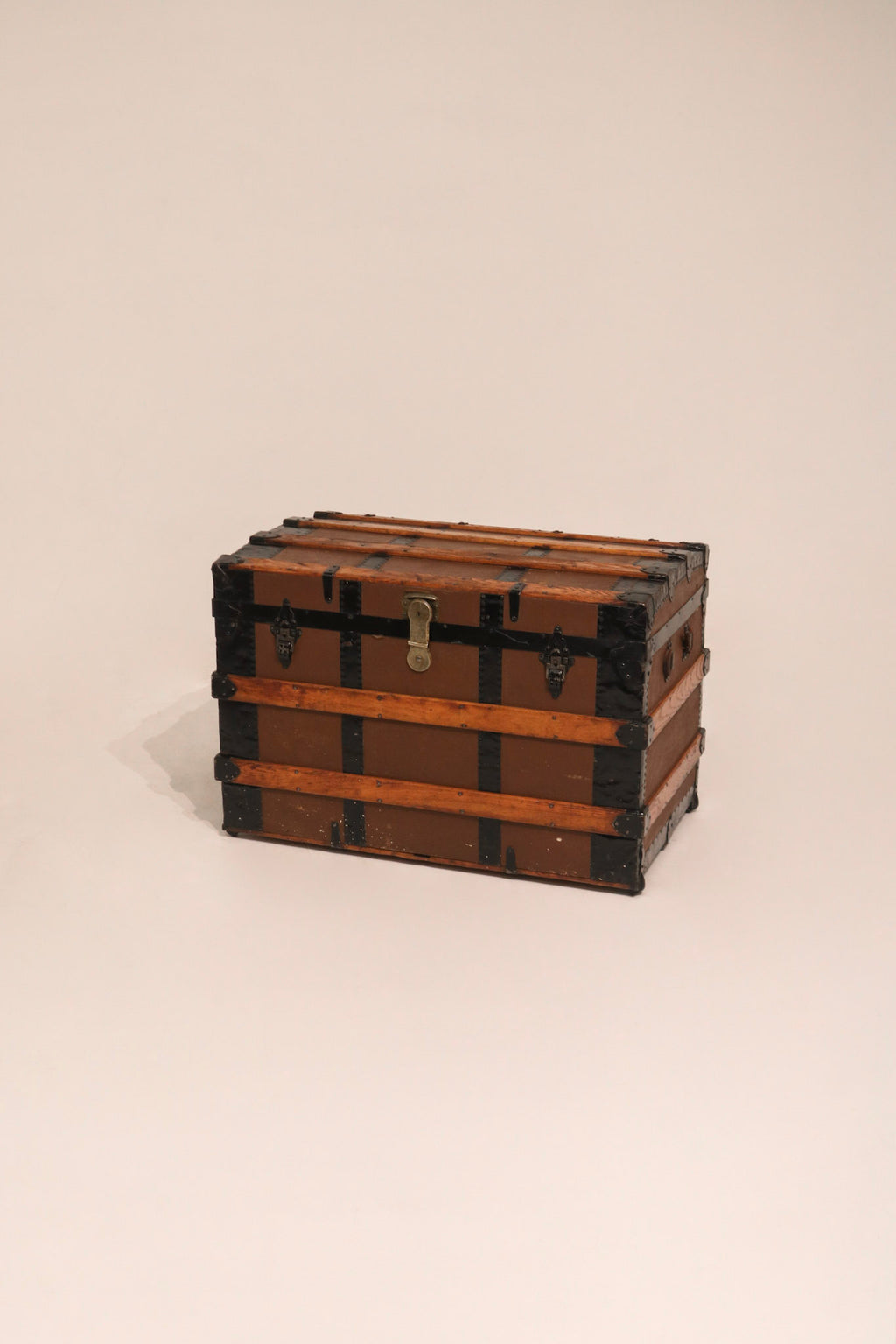 Antique pine wood iron and leather travel trunk chest 37 inches wide vintage storage