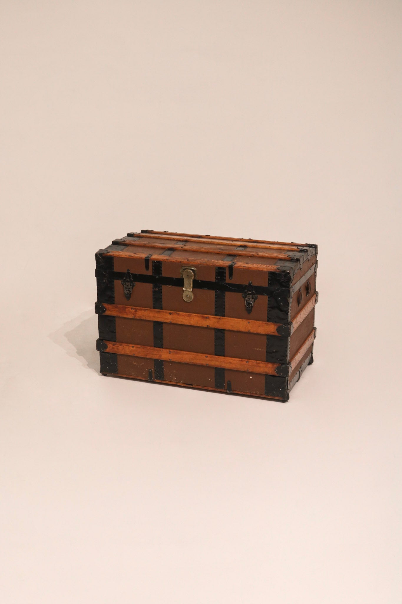 Antique pine wood iron and leather travel trunk chest 37 inches wide vintage storage