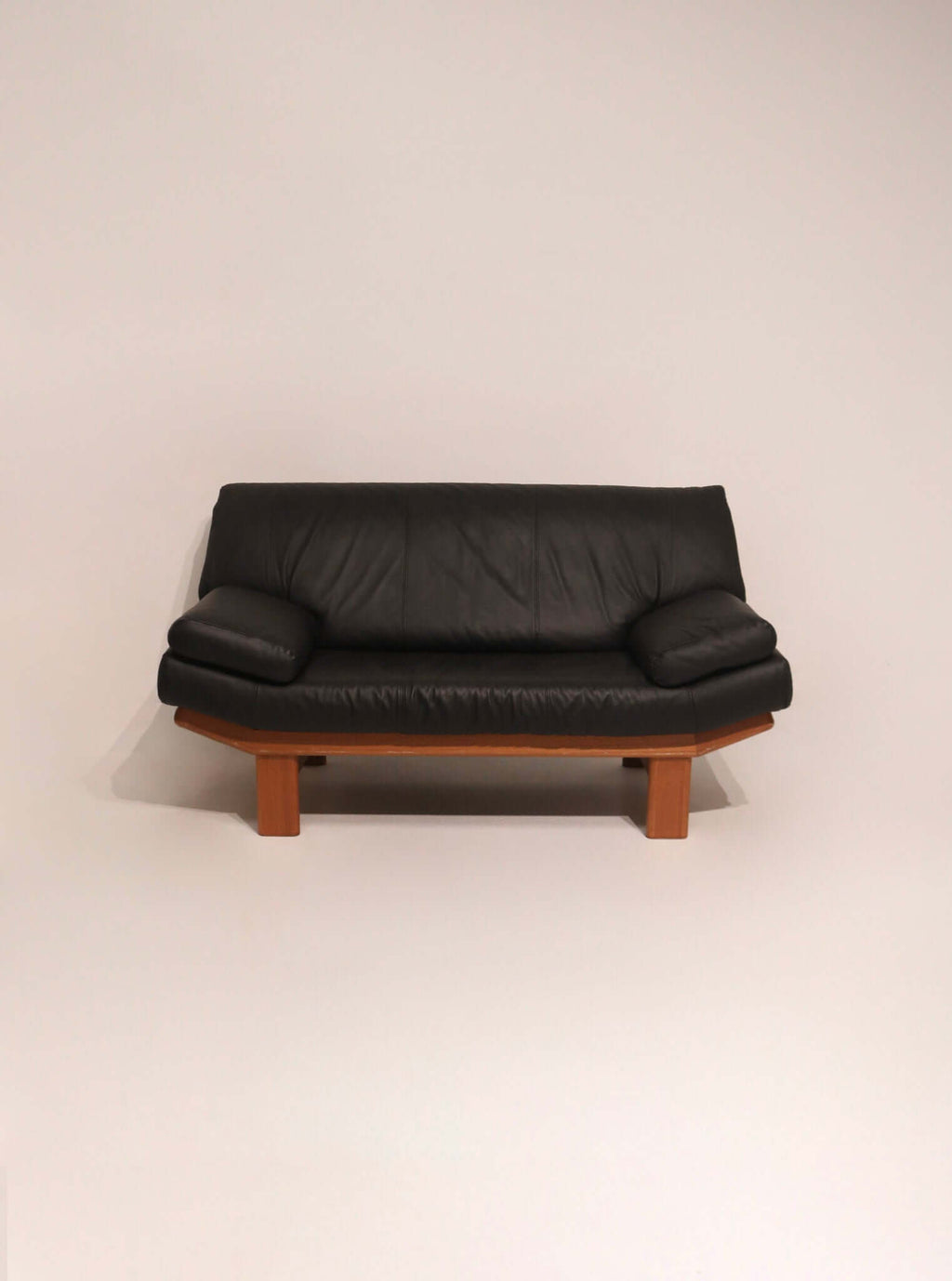 Danish teak frame wood reupholster leather sofa loveseat 62 inches wide