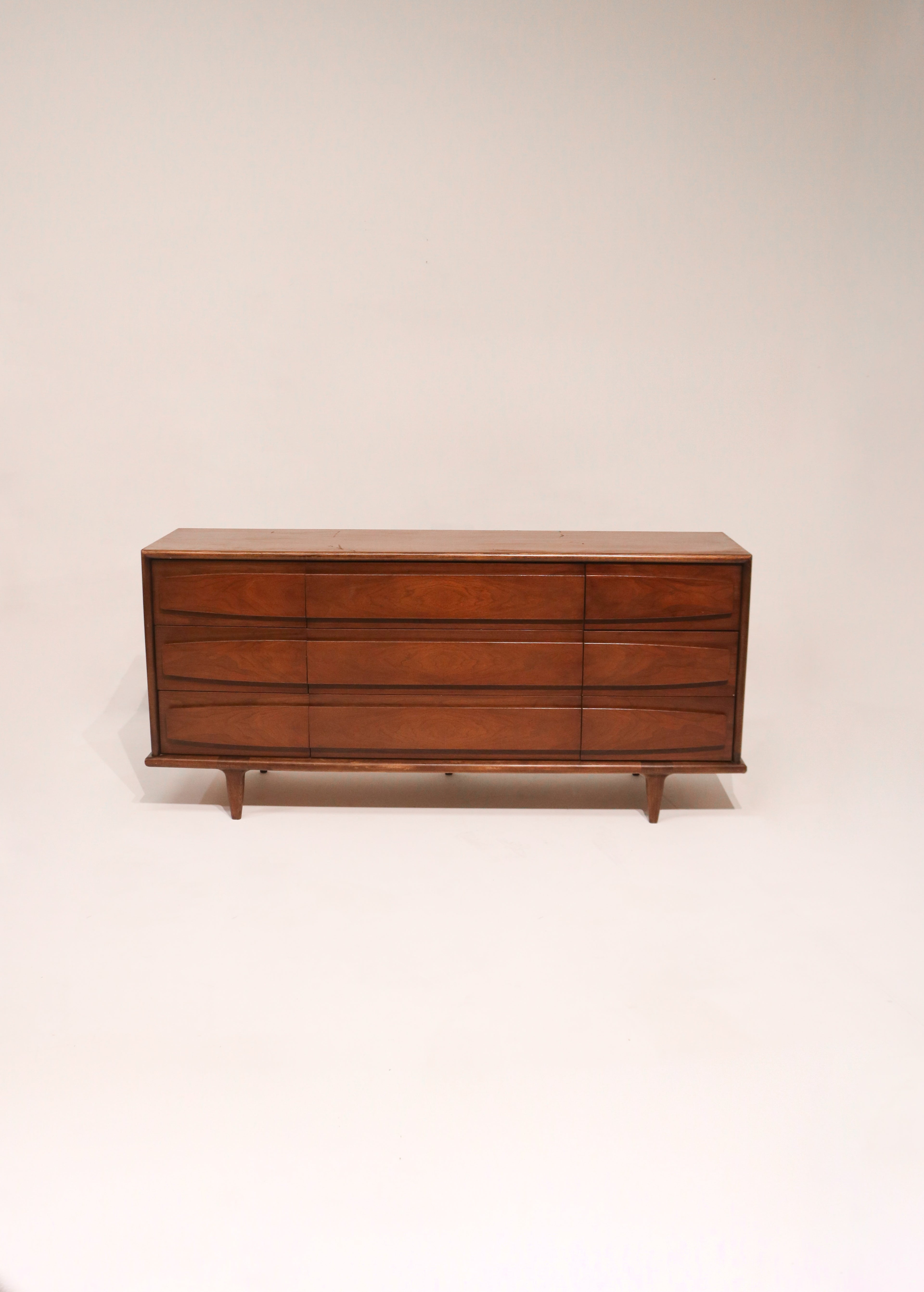 MCM solid walnut wood lowboy 9 drawers dresser by American of Martinsville 68 inches wide
