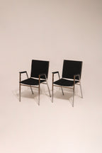 Set of 2 MCM stackable arm chairs black fabric seat steel chrome frame vintage 1998