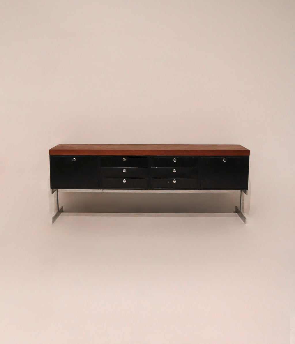 MCM vintage industrial solid wood steel chrome credenza cabinet 70 inches Peerless 1963