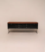 MCM vintage industrial solid wood steel chrome credenza cabinet 70 inches Peerless 1963