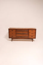 MCM vintage walnut wood dresser 64 inches wide with mid-century modern design