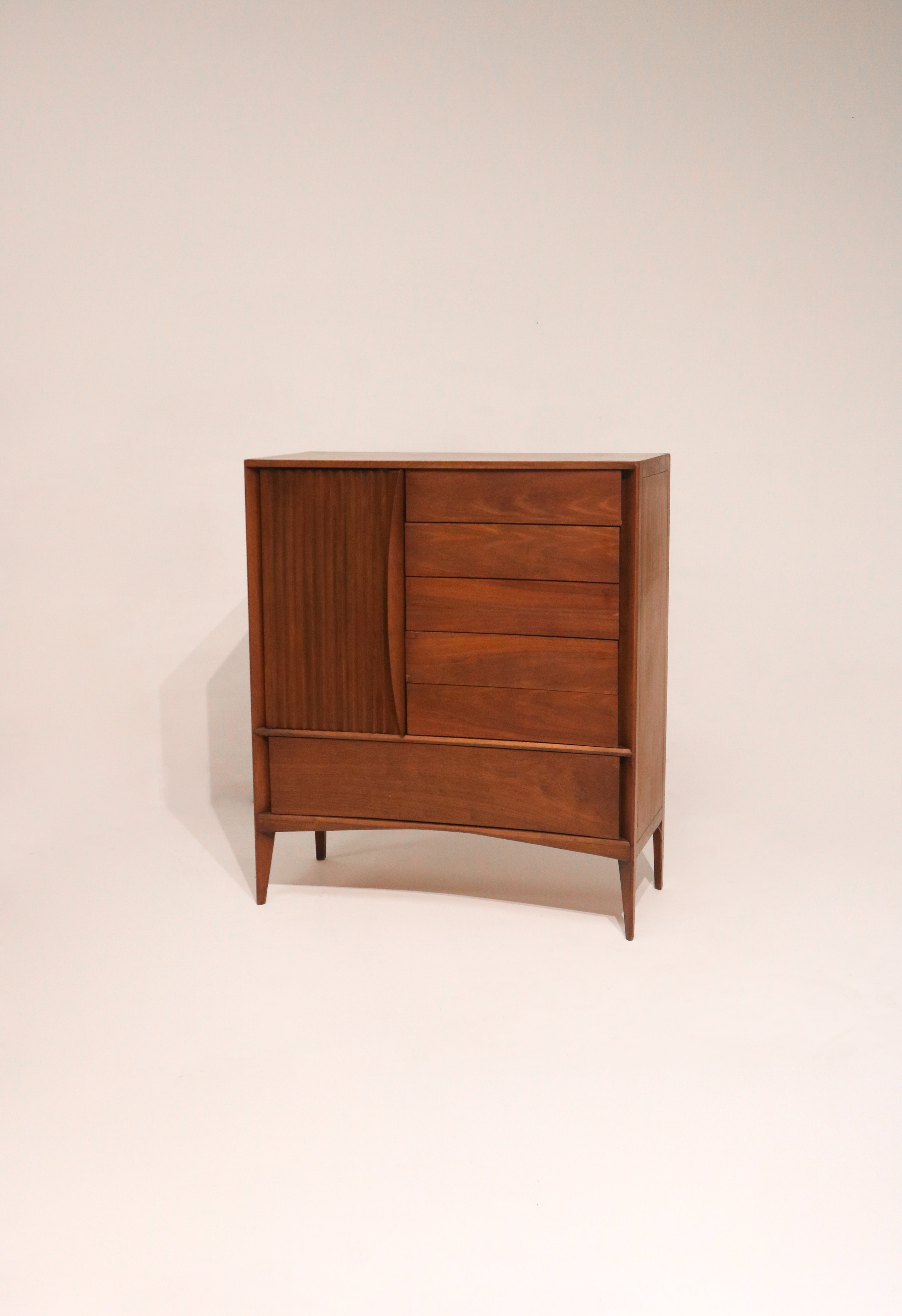 MCM walnut wood curved highboy dresser chest of drawer by Unagusta 43 inches wide