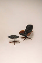 Mid Century Modern lounge swivel chair and ottoman by George Mulhauser black tufted leather