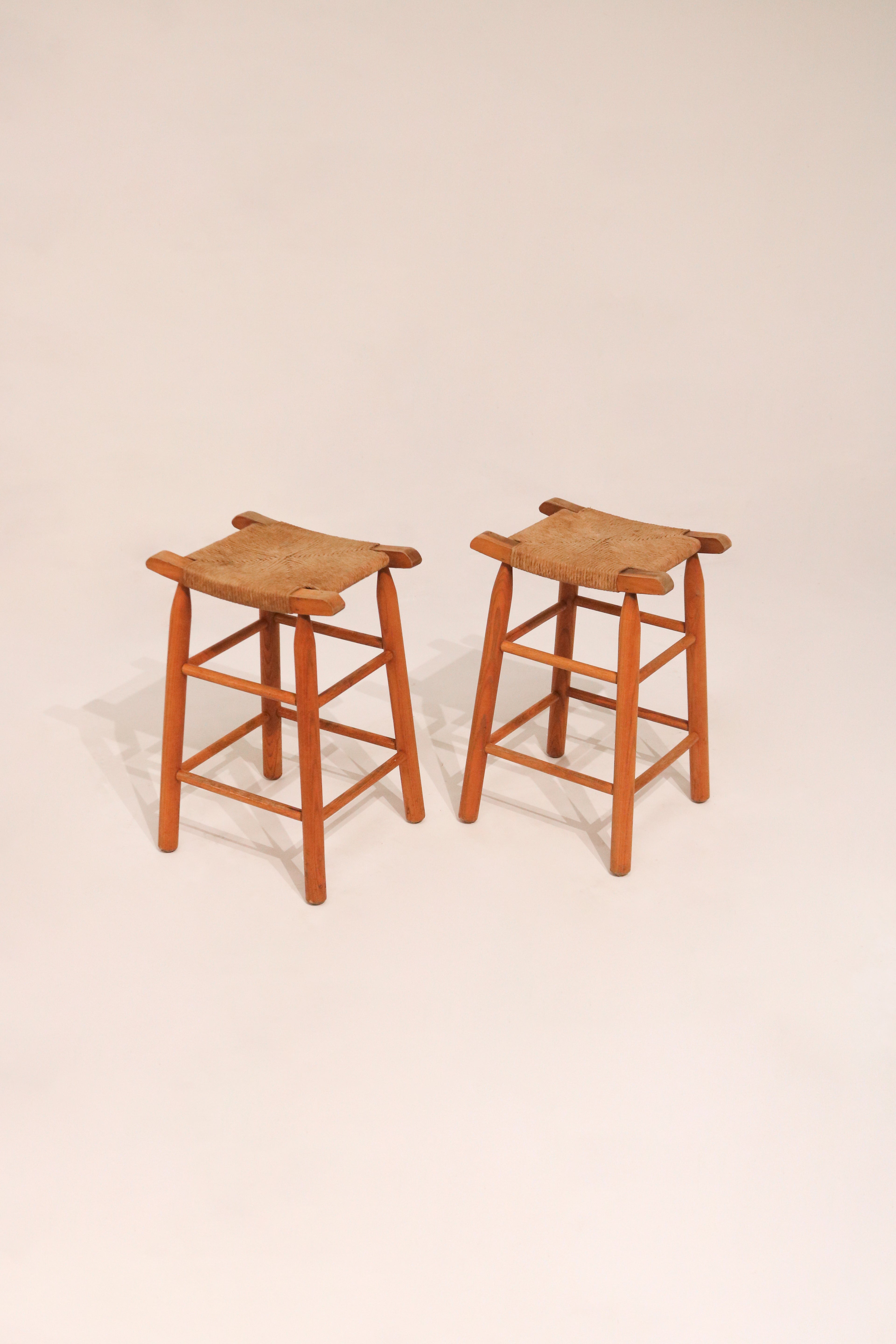 Pair of vintage paper cord and oak wood stool chairs 24 inches tall rustic design