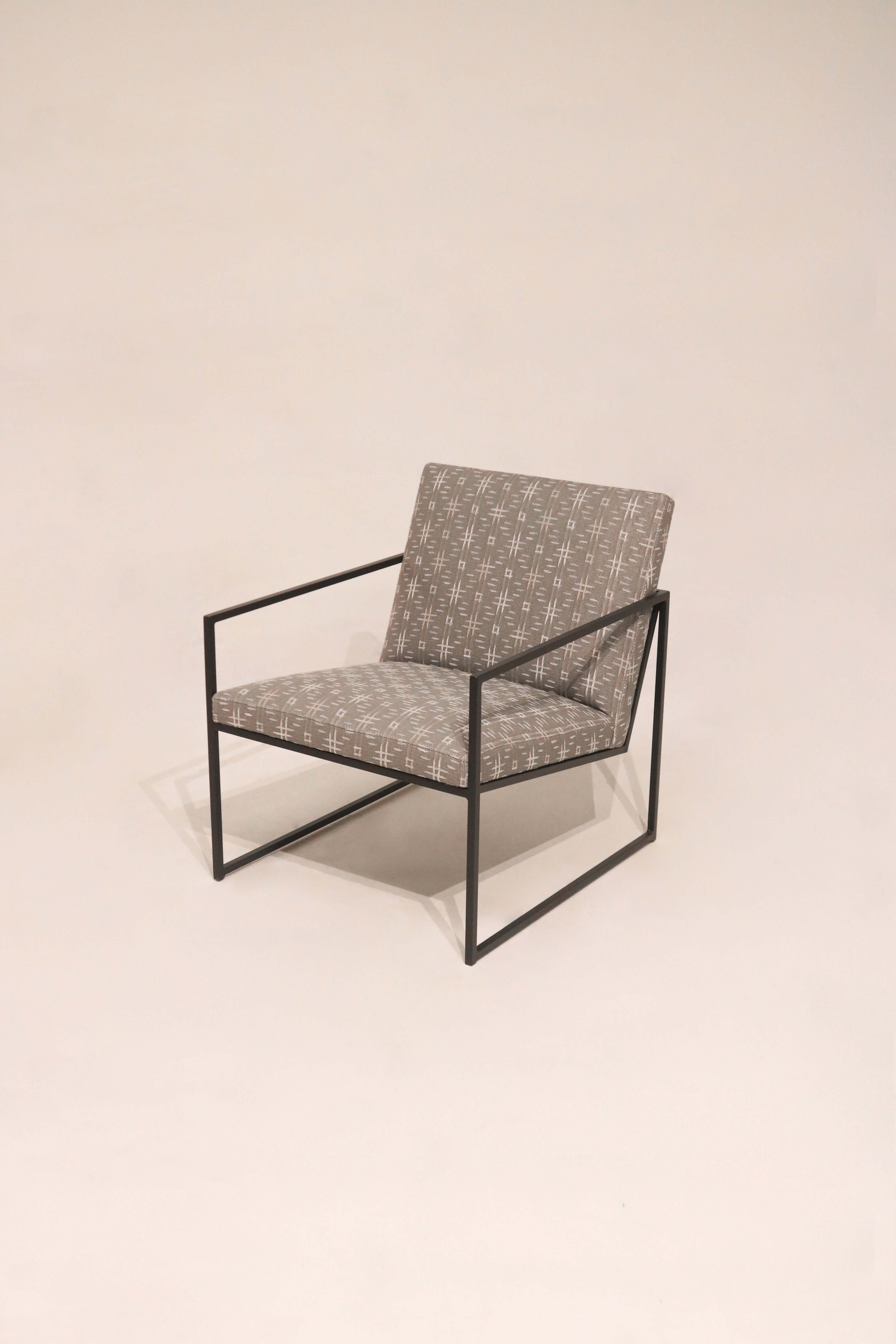 Modern Room & Board Novato accent chair with black metal frame and gray patterned fabric