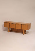 Vintage 1980s burl and oak wood credenza sideboard 71 inches long with geometric design