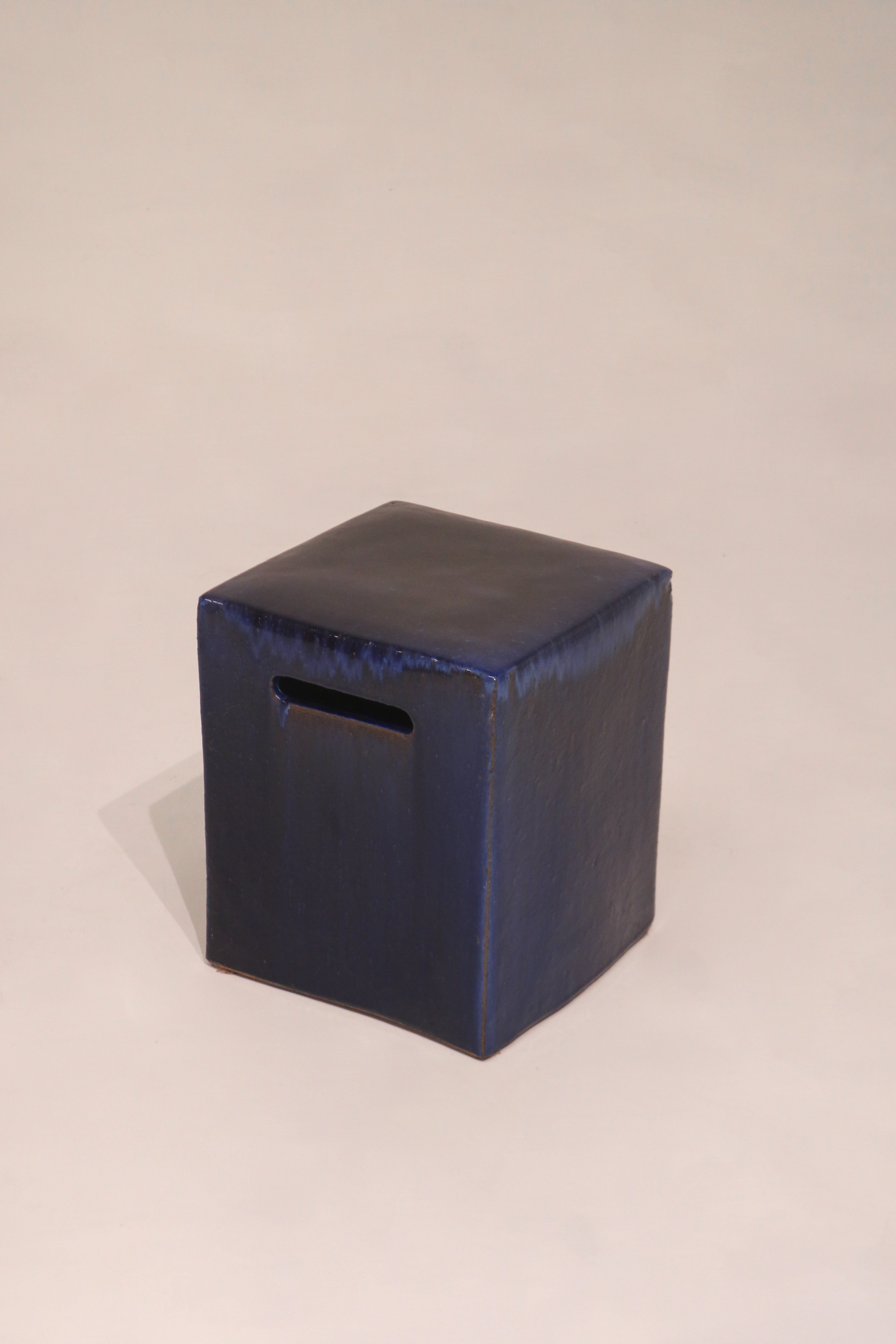 Vintage blue glazed ceramic cube side table or stool 14 inches circa 1980