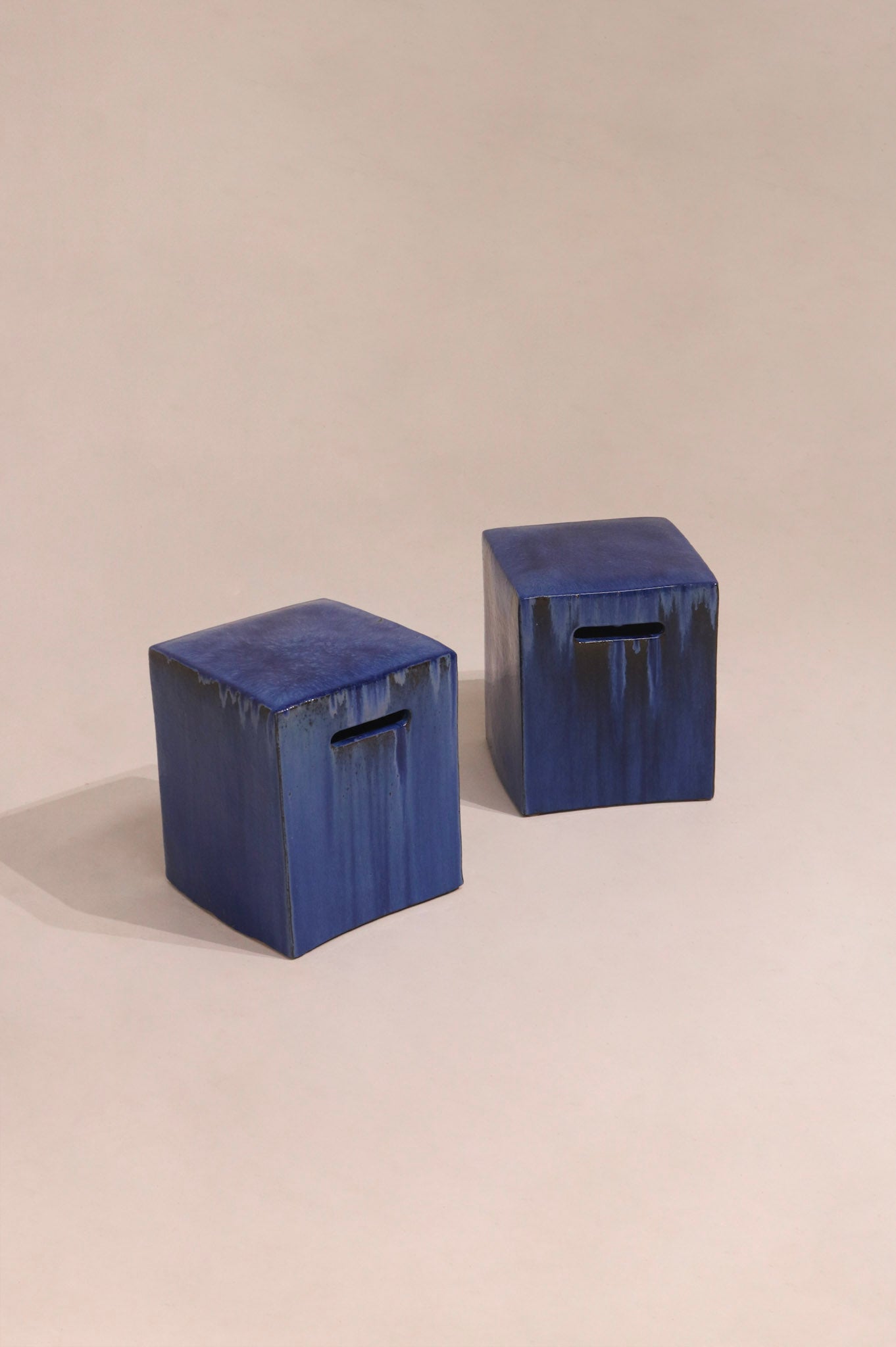Pair of vintage blue glazed ceramic side tables or stools cube shape 17 inches tall