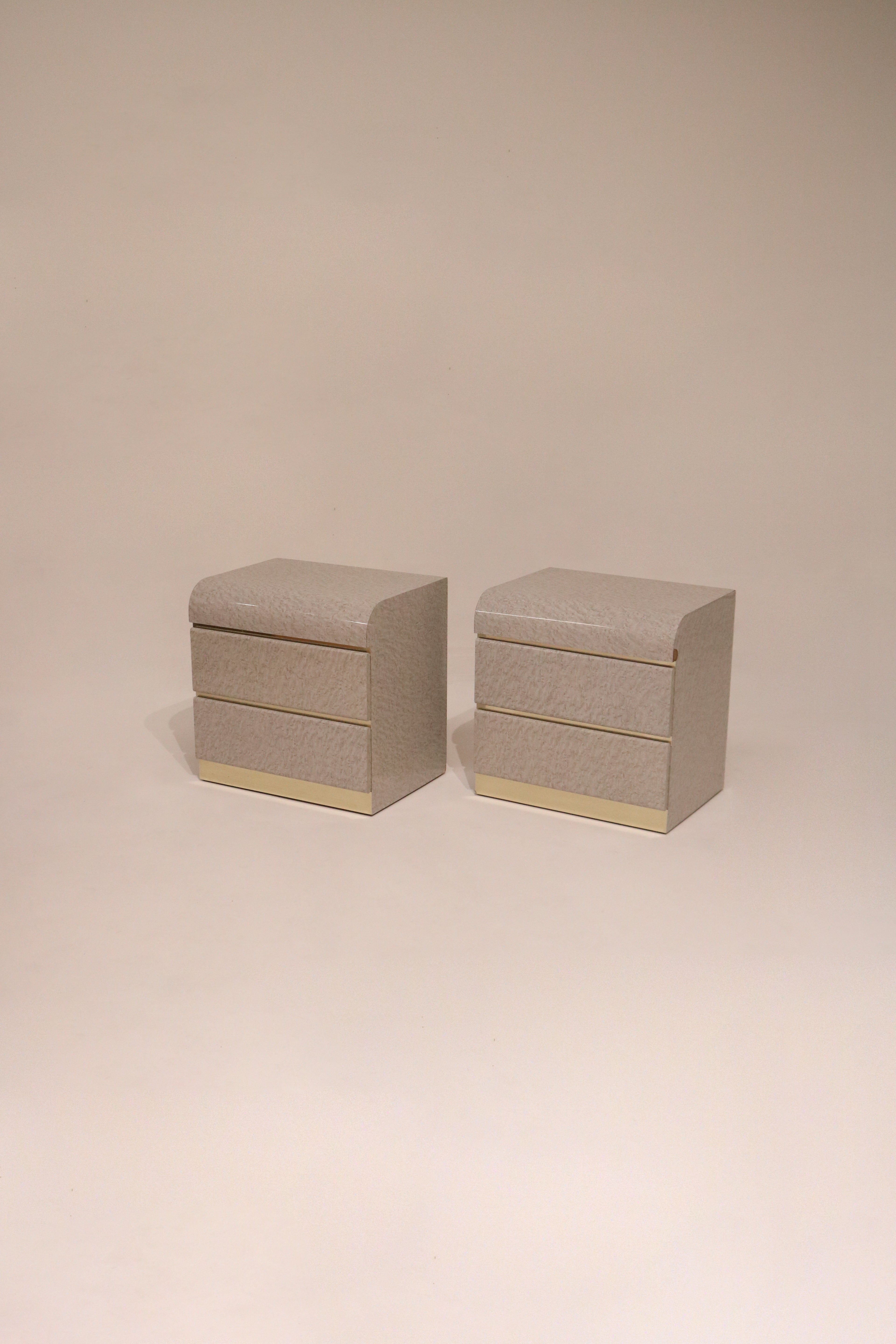 Pair of vintage postmodern formica nightstands side bed tables cream textured laminate