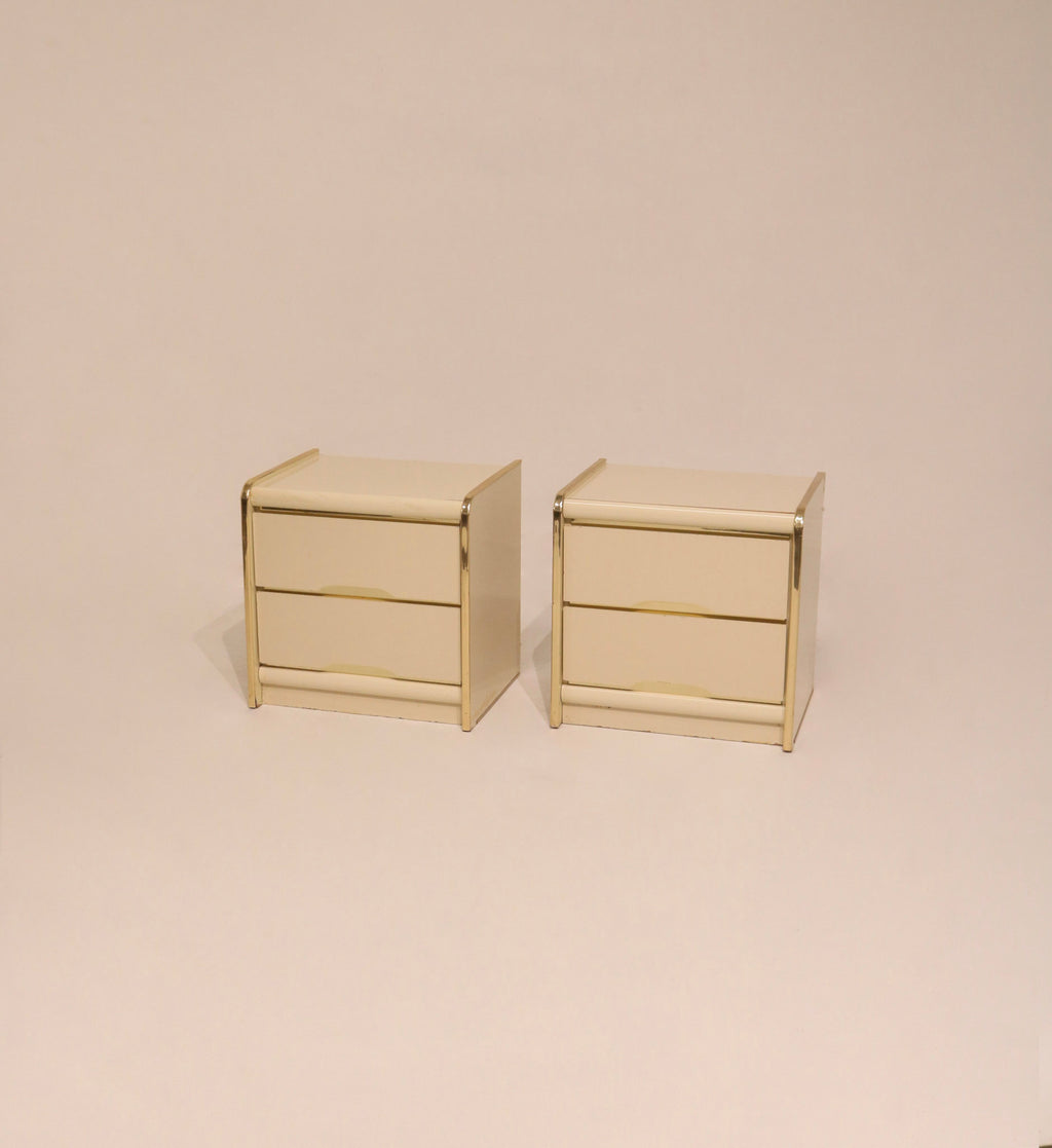 Pair of vintage postmodern lacquered nightstands cream color with gold trim 22 inches