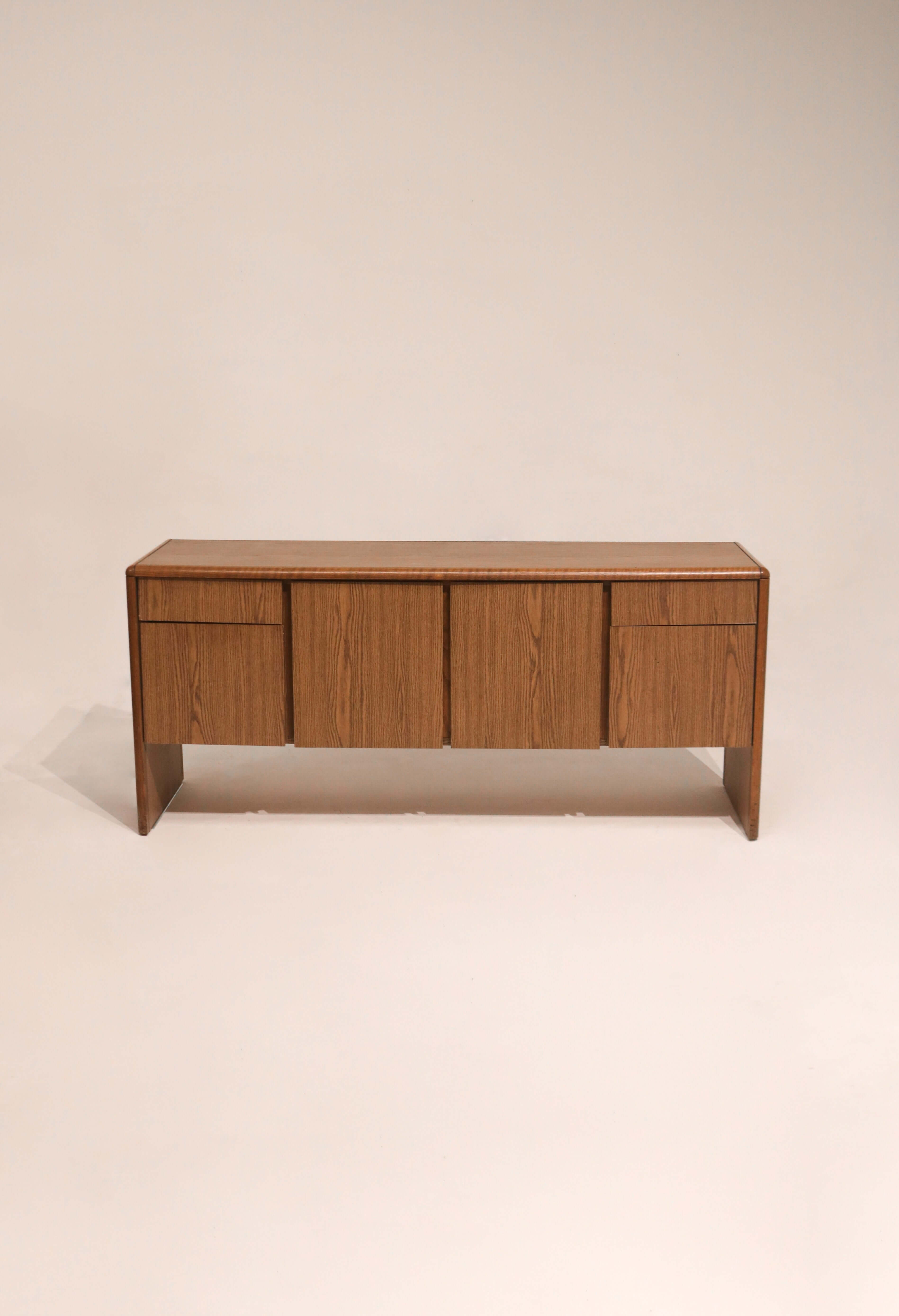 Vintage solid oak wood credenza sideboard 66 inches minimalist design with rounded edges