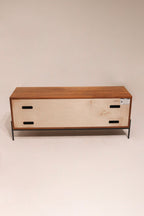 Macro shot of the natural walnut grain pattern on the top surface