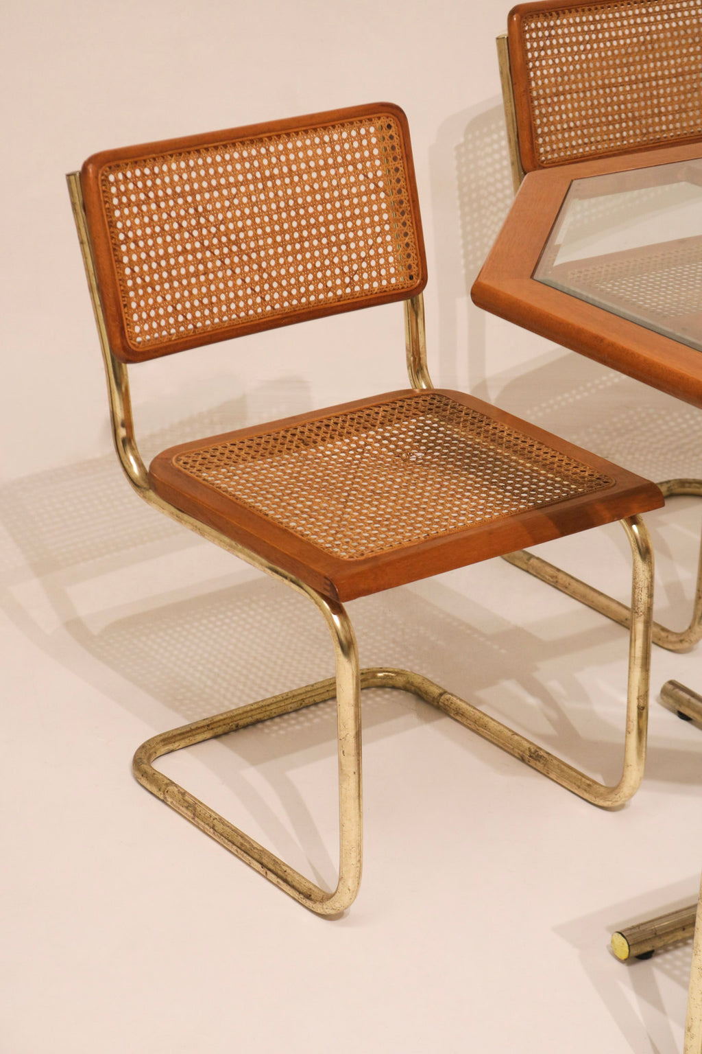 Top view of octagonal table highlighting geometric wood and glass design
