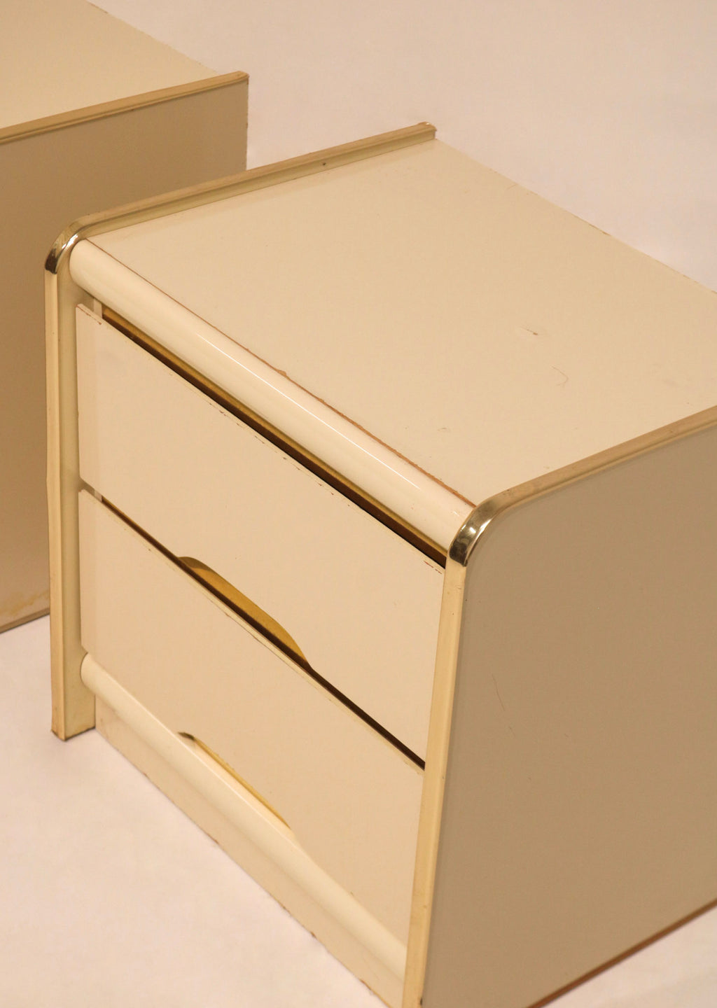 Side profile view of postmodern nightstand showing smooth lacquer finish