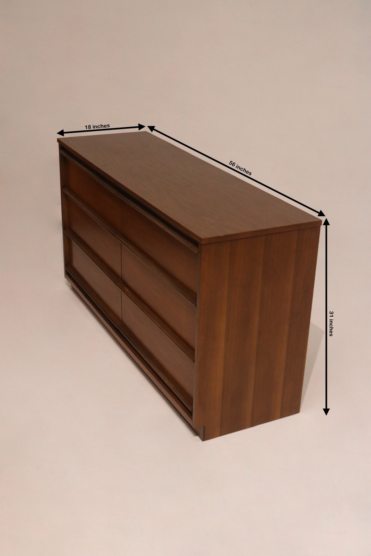 Dimensions diagram 56 by 18 by 31 inches vintage Bassett walnut dresser