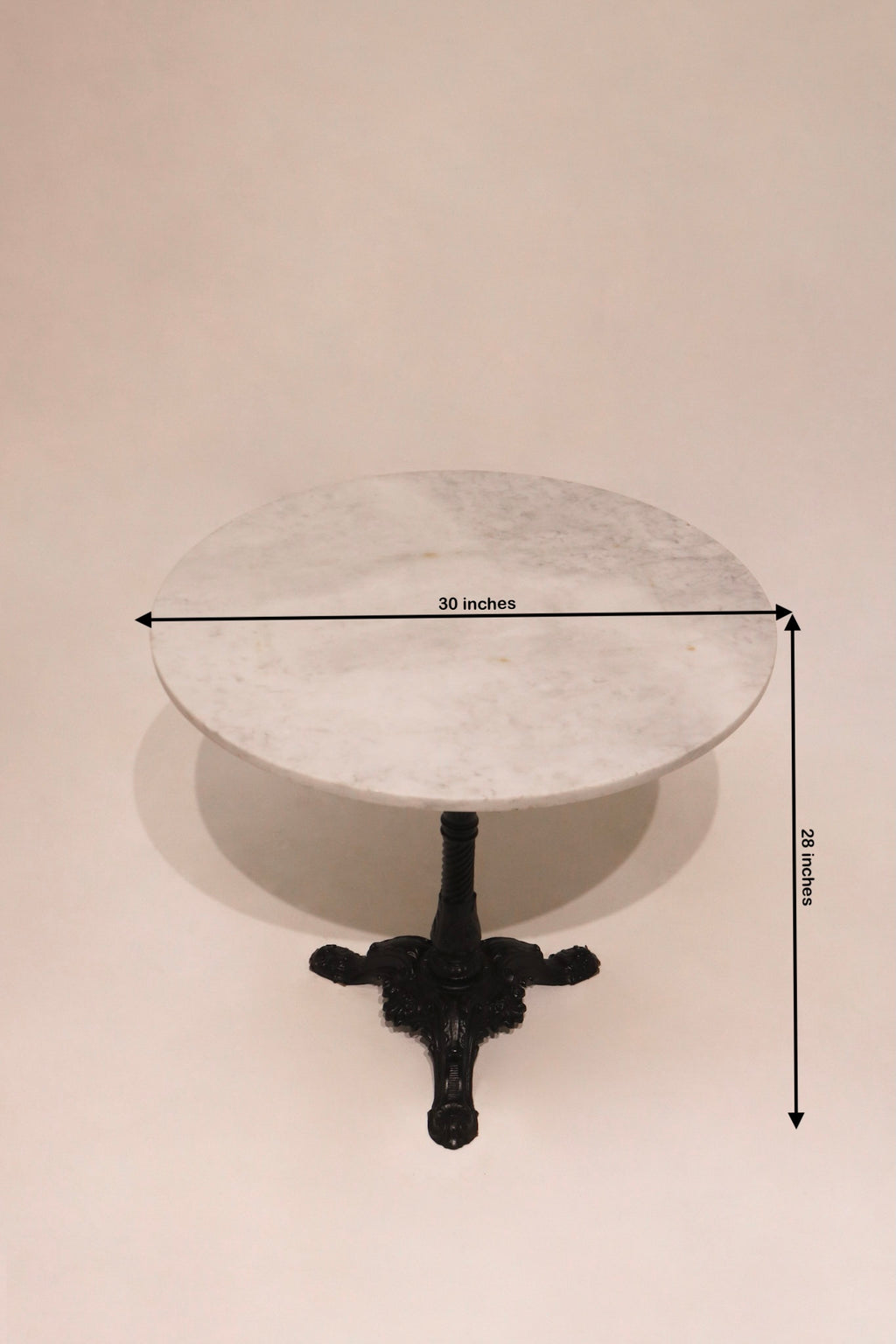 Dimensions diagram 30 by 28 inches round marble cafe table