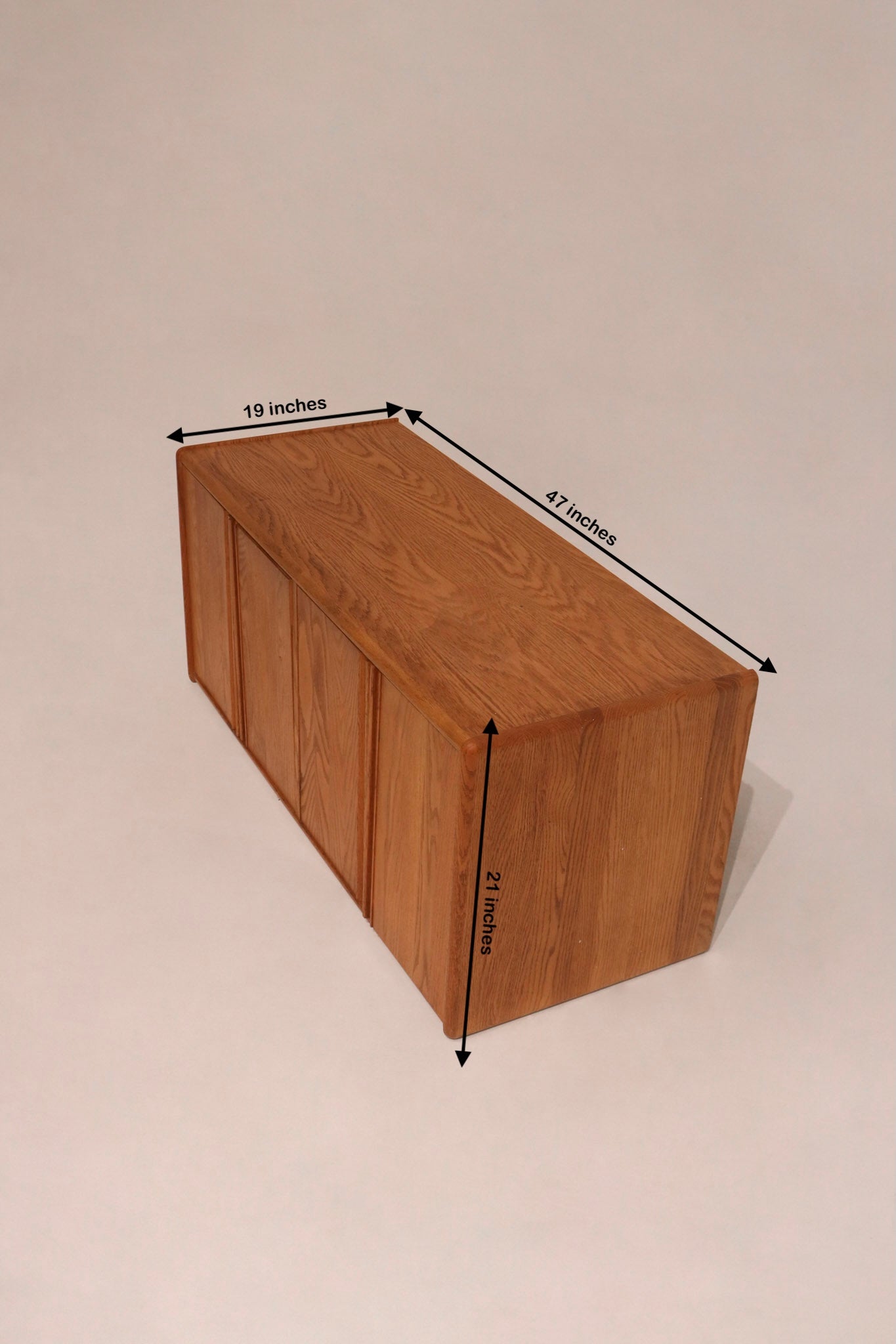 Dimensions diagram 47 by 19 by 21 inches low oak cabinet