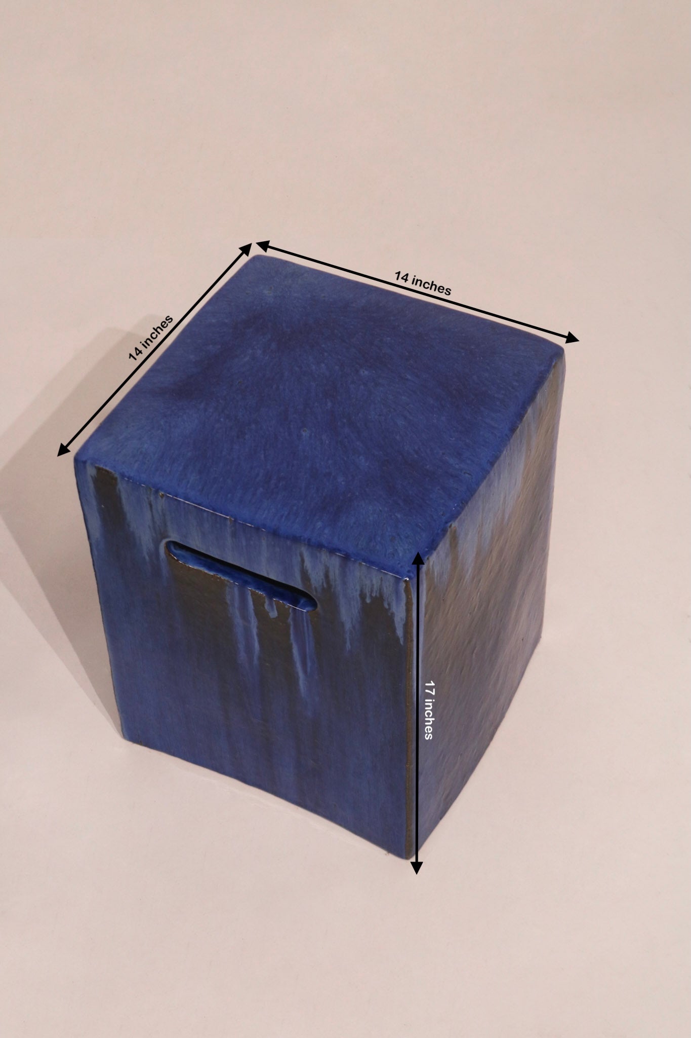 Dimensions diagram 14 by 14 by 17 inches blue glazed ceramic cube table