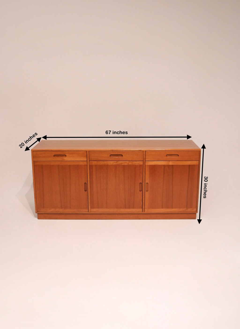 Dimensions diagram 67 by 20 by 30 inches Danish teak sideboard