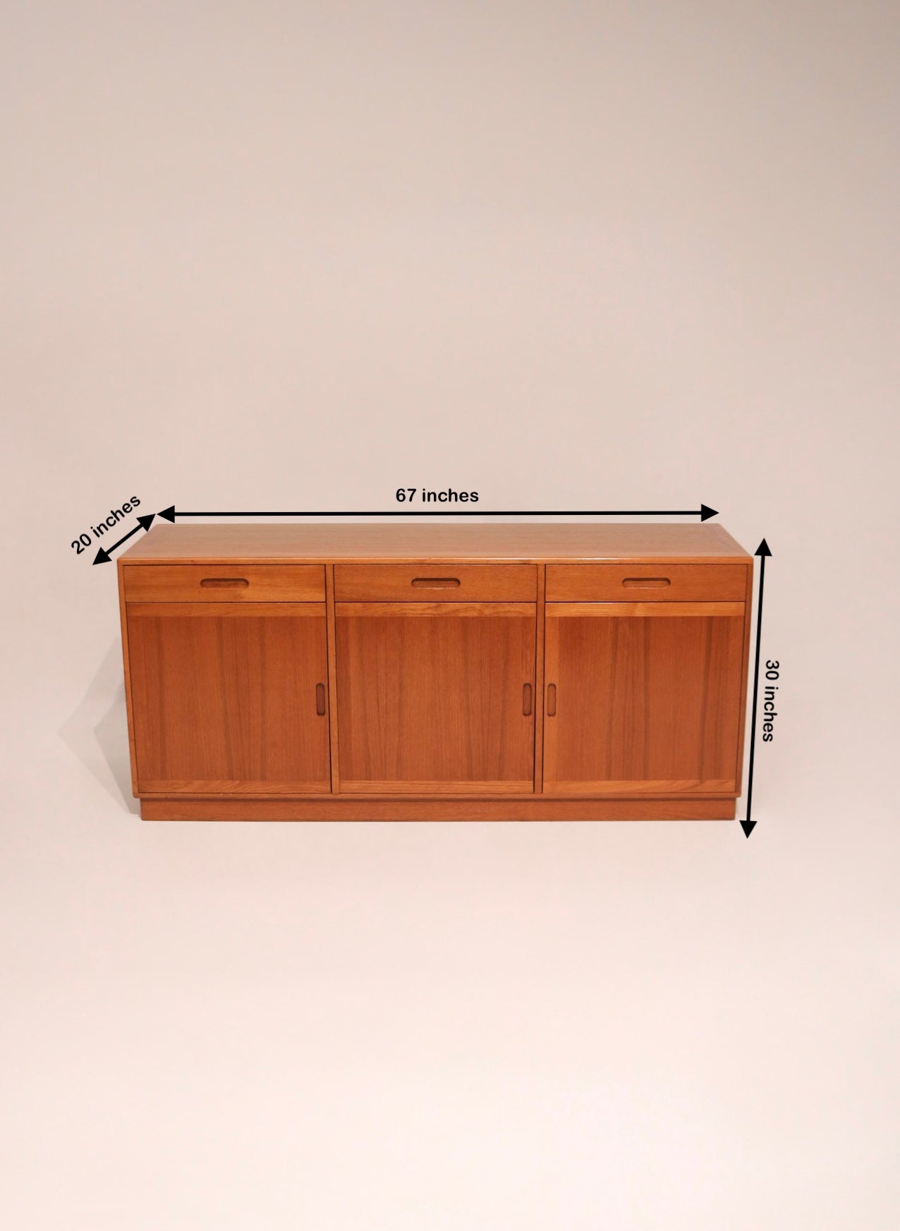 Dimensions diagram 67 by 20 by 30 inches Danish teak sideboard