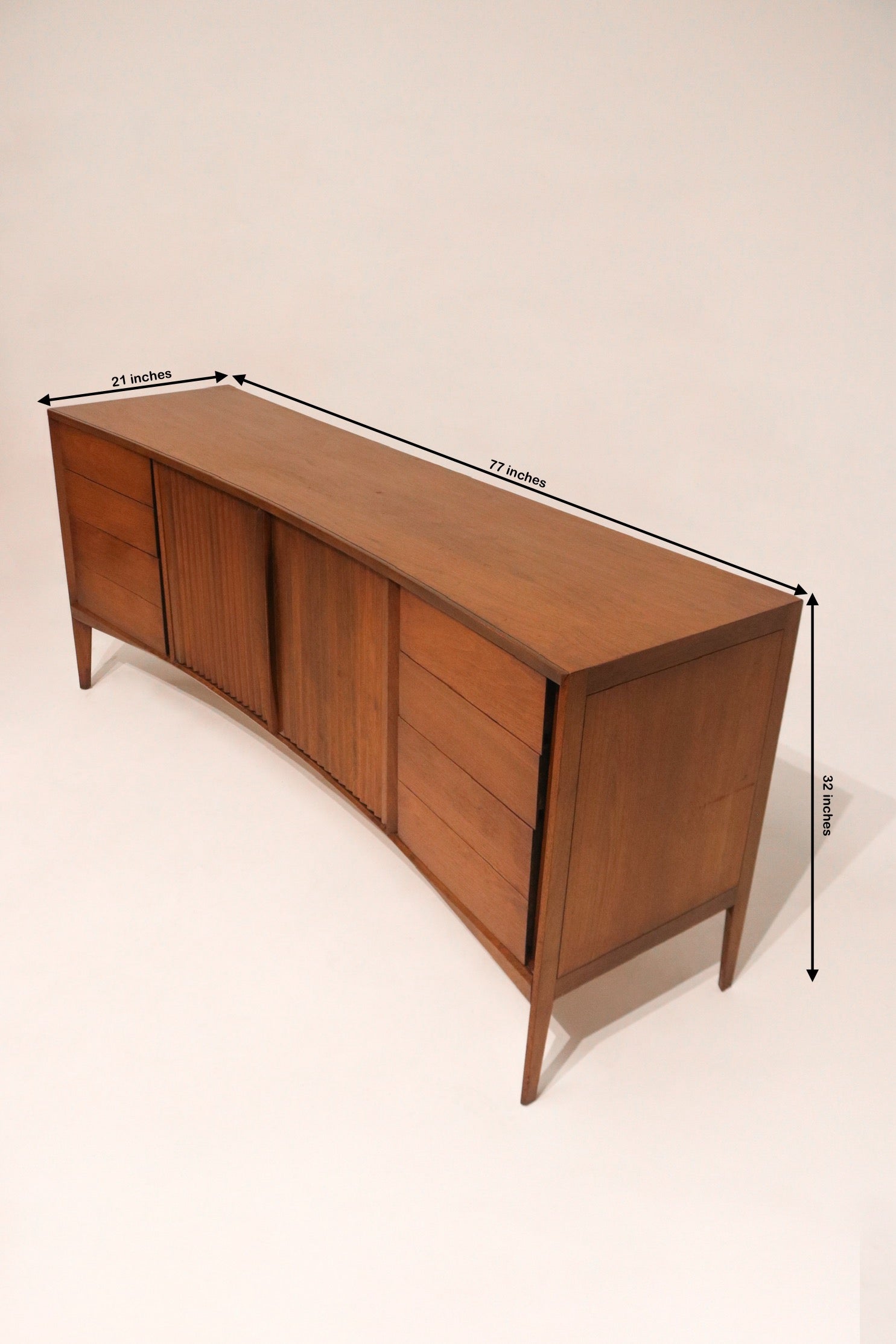 Dimensions diagram 77 by 21 by 32 inches curved vintage walnut dresser