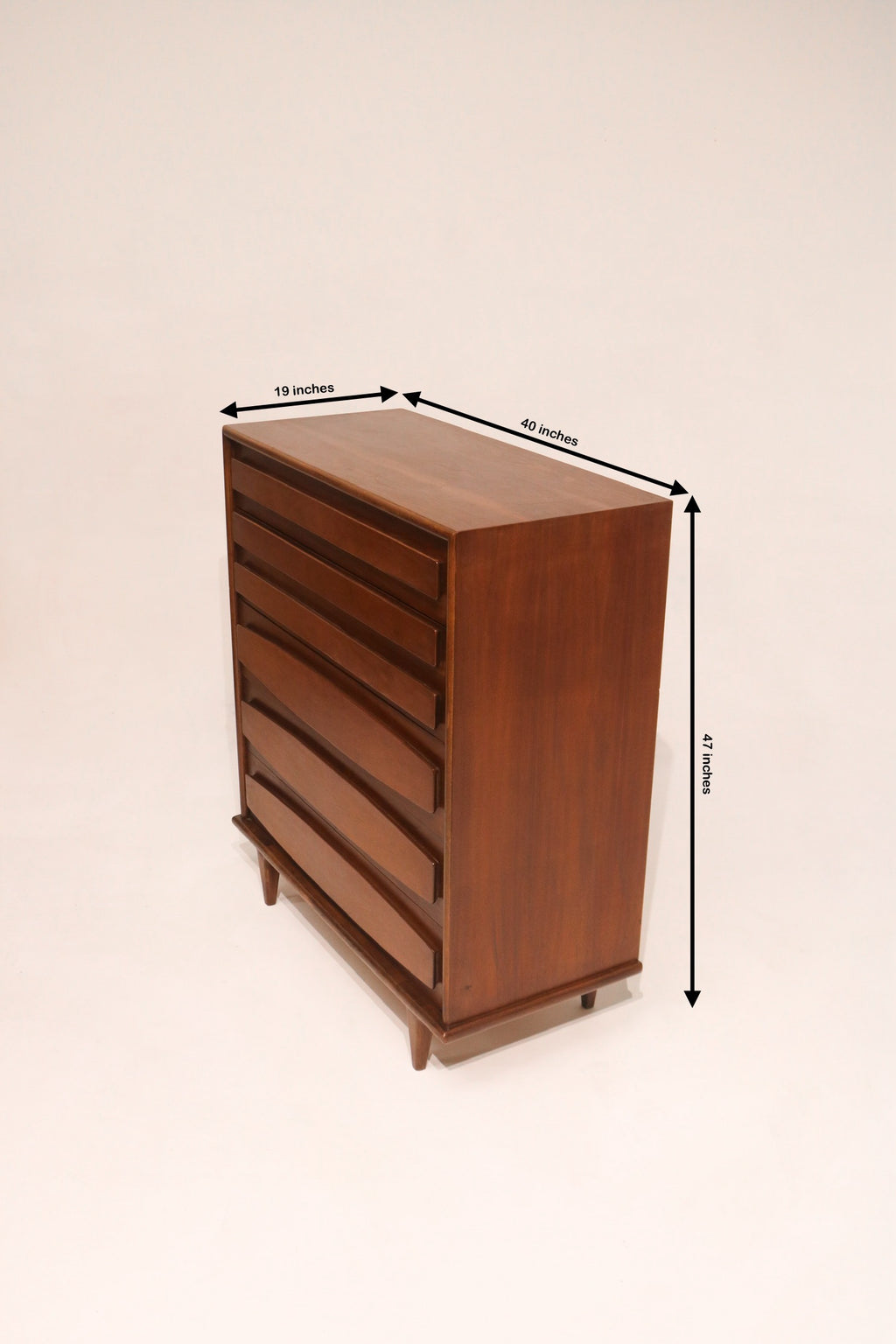 Dimensions diagram 40 by 19 by 47 inches vintage walnut chest of drawers
