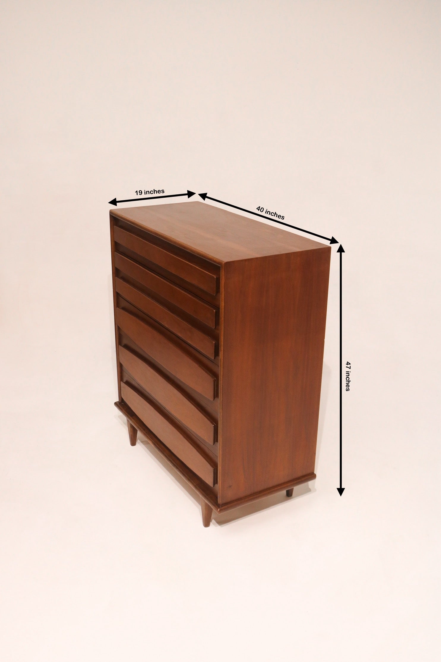 Dimensions diagram 40 by 19 by 47 inches vintage walnut chest of drawers