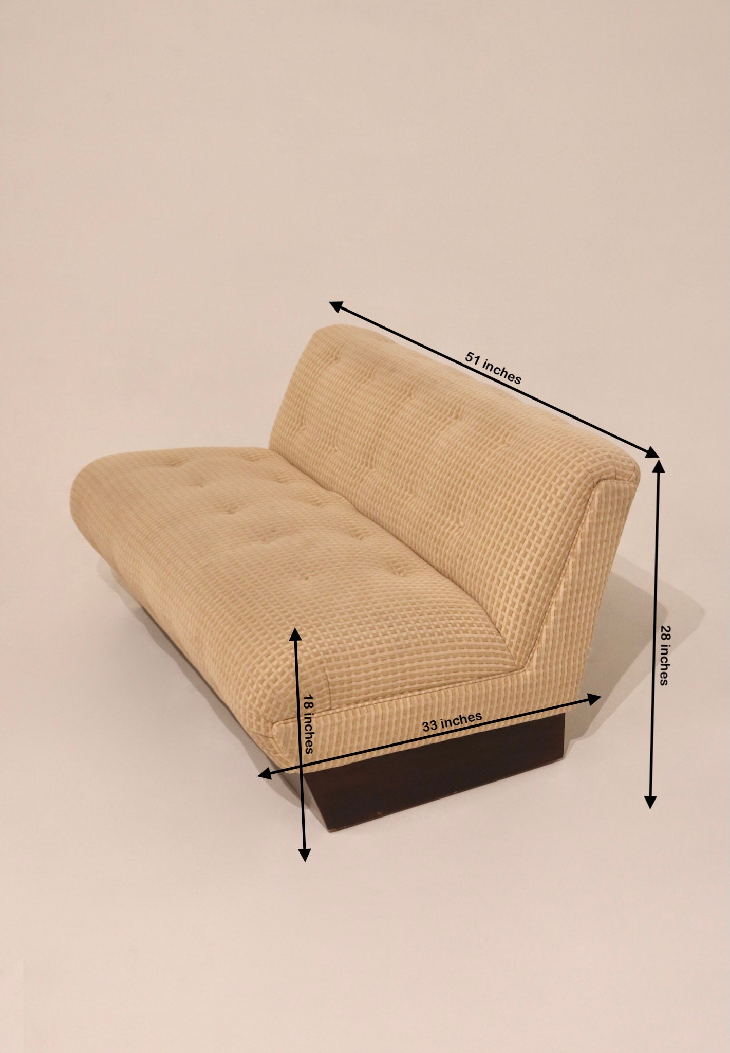 Dimensions diagram 51 by 33 by 28 inches seat height 18 inches vintage loveseat