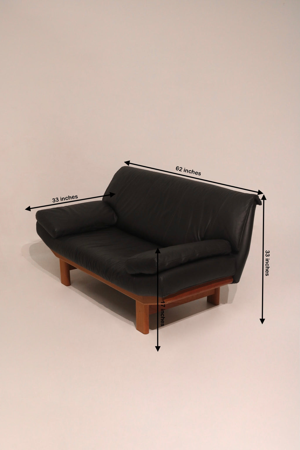 Dimensions diagram 62 by 33 by 33 inches seat height 17 inches Danish sofa