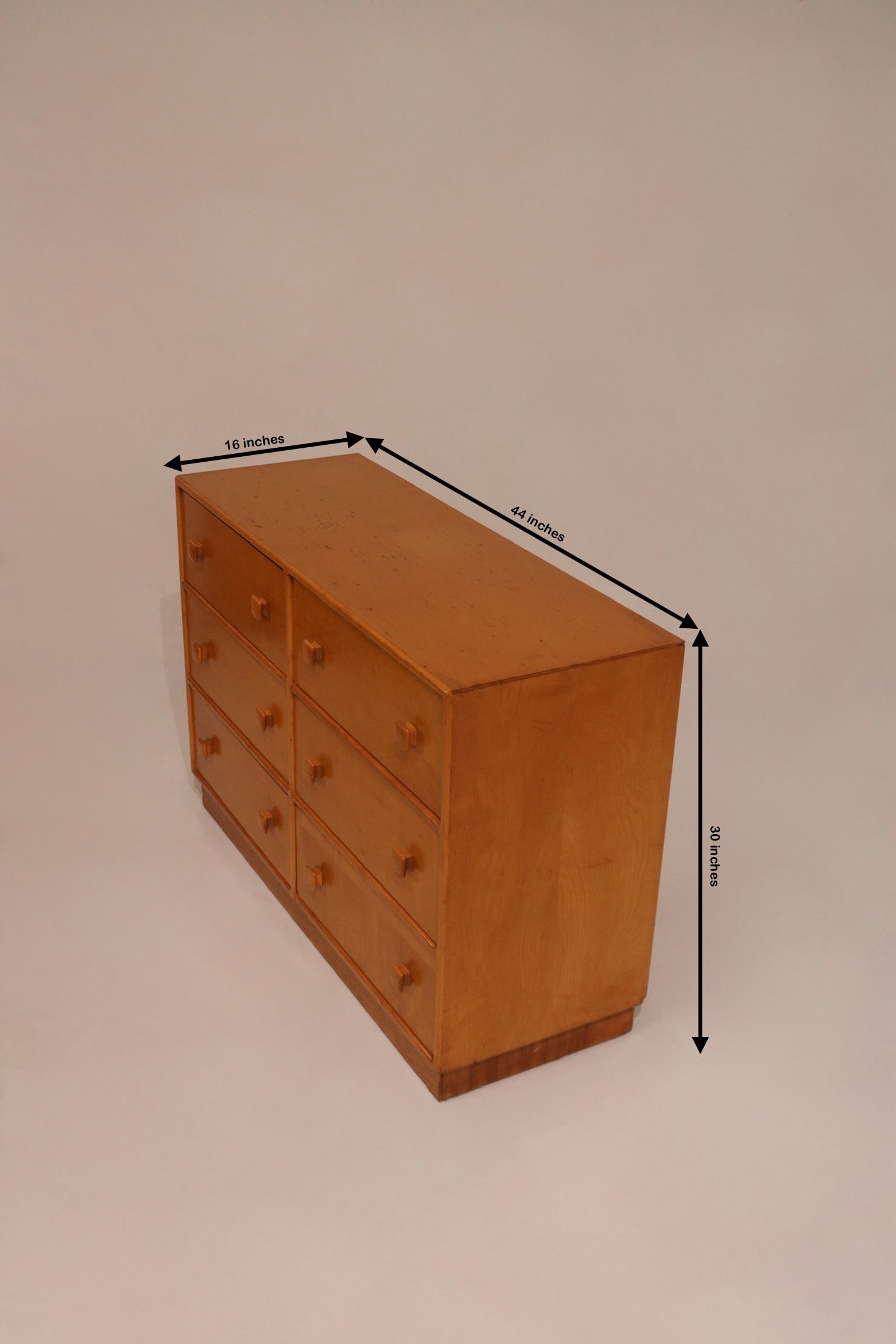 Dimensions diagram 44 by 16 by 30 inches vintage oak chest of drawers