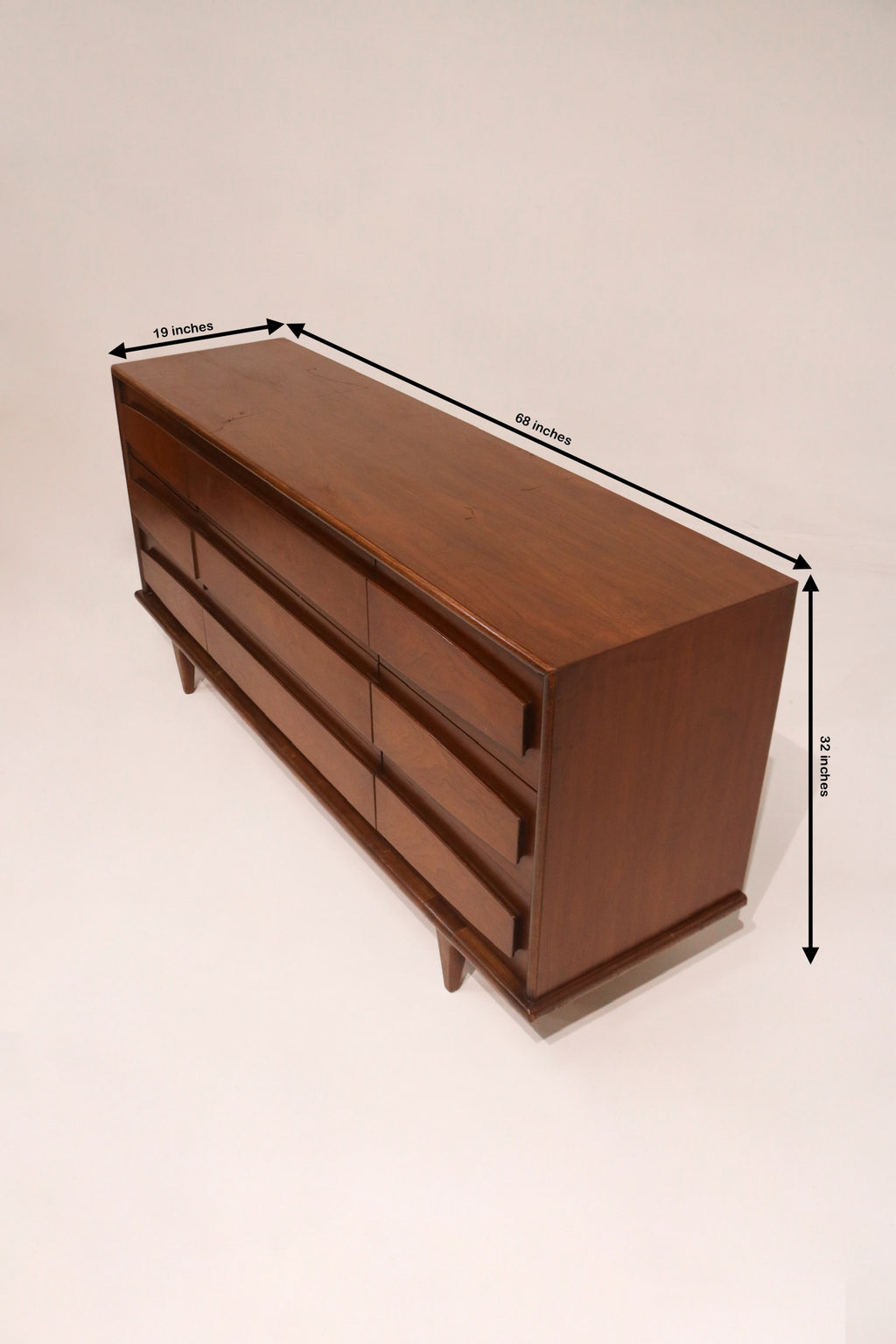 Dimensions diagram 68 by 19 by 32 inches vintage walnut dresser