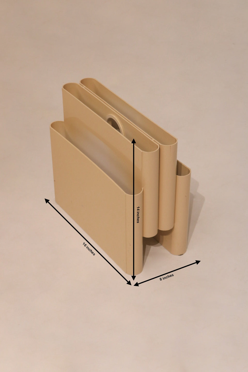 Dimensions diagram 16 by 8 by 14 inches Kartell plastic magazine holder