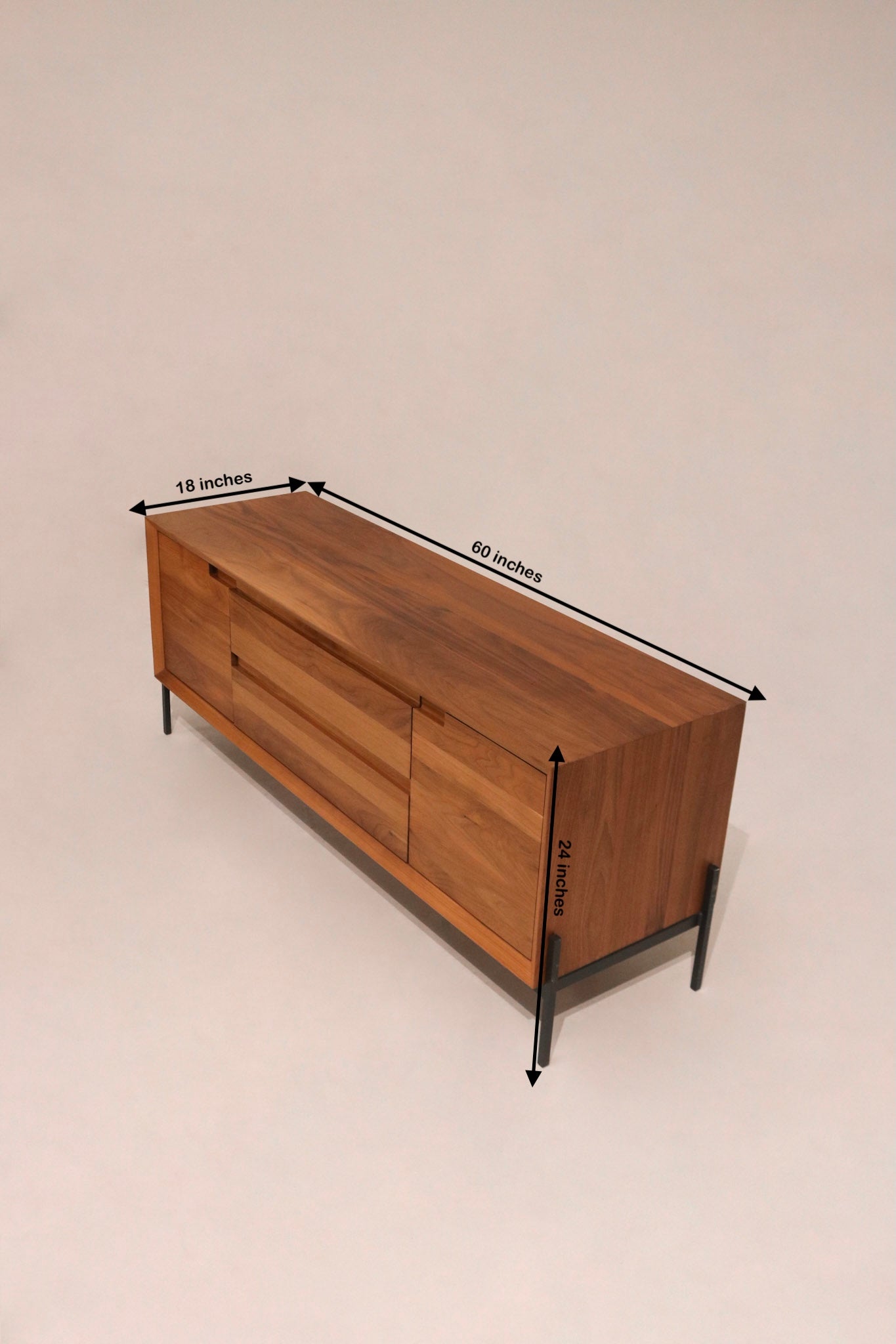 Dimensions diagram 60 by 18 by 24 inches Room & Board walnut cabinet