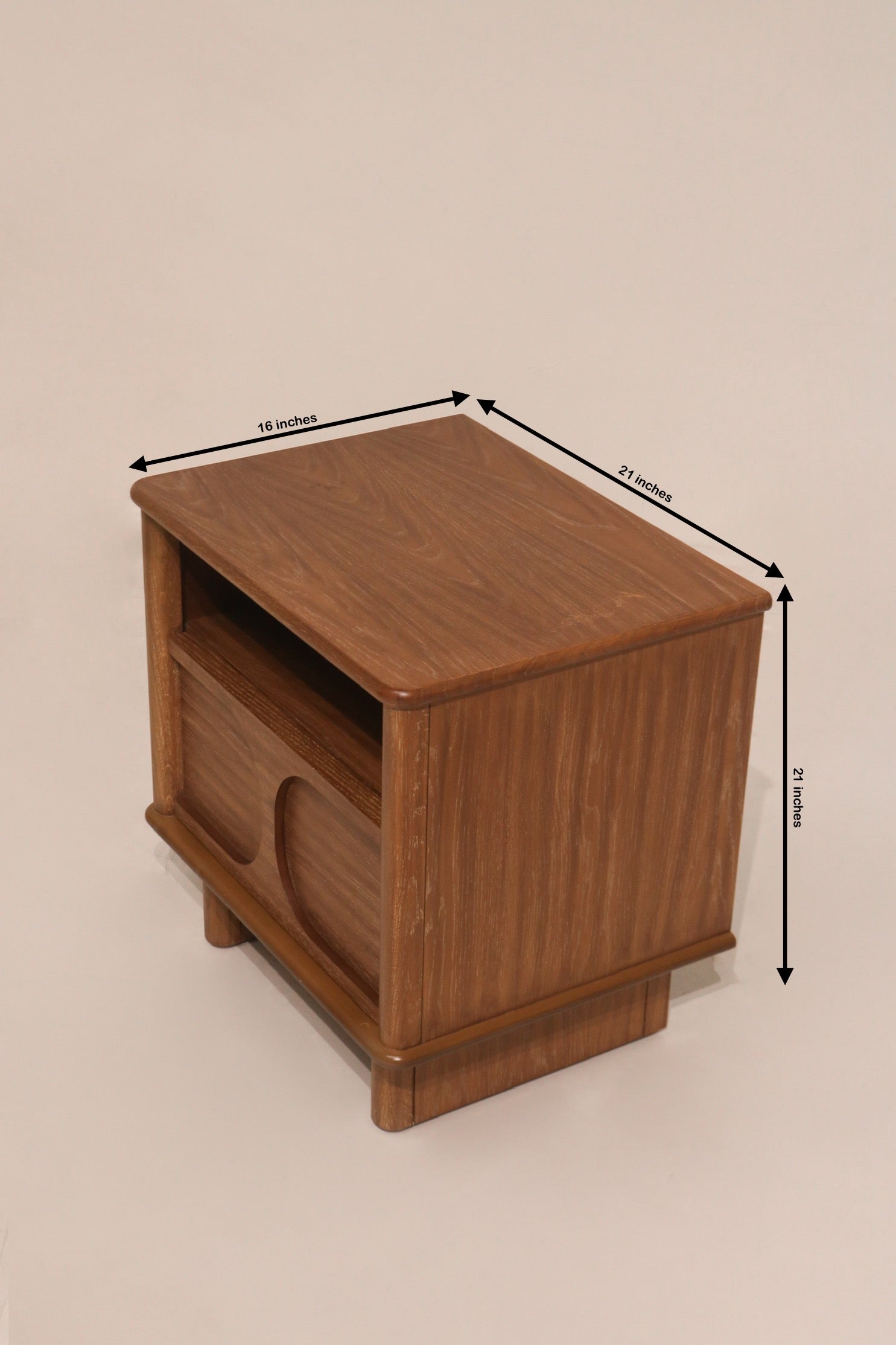 Dimensions diagram 21 by 16 by 21 inches solid wood bedside table