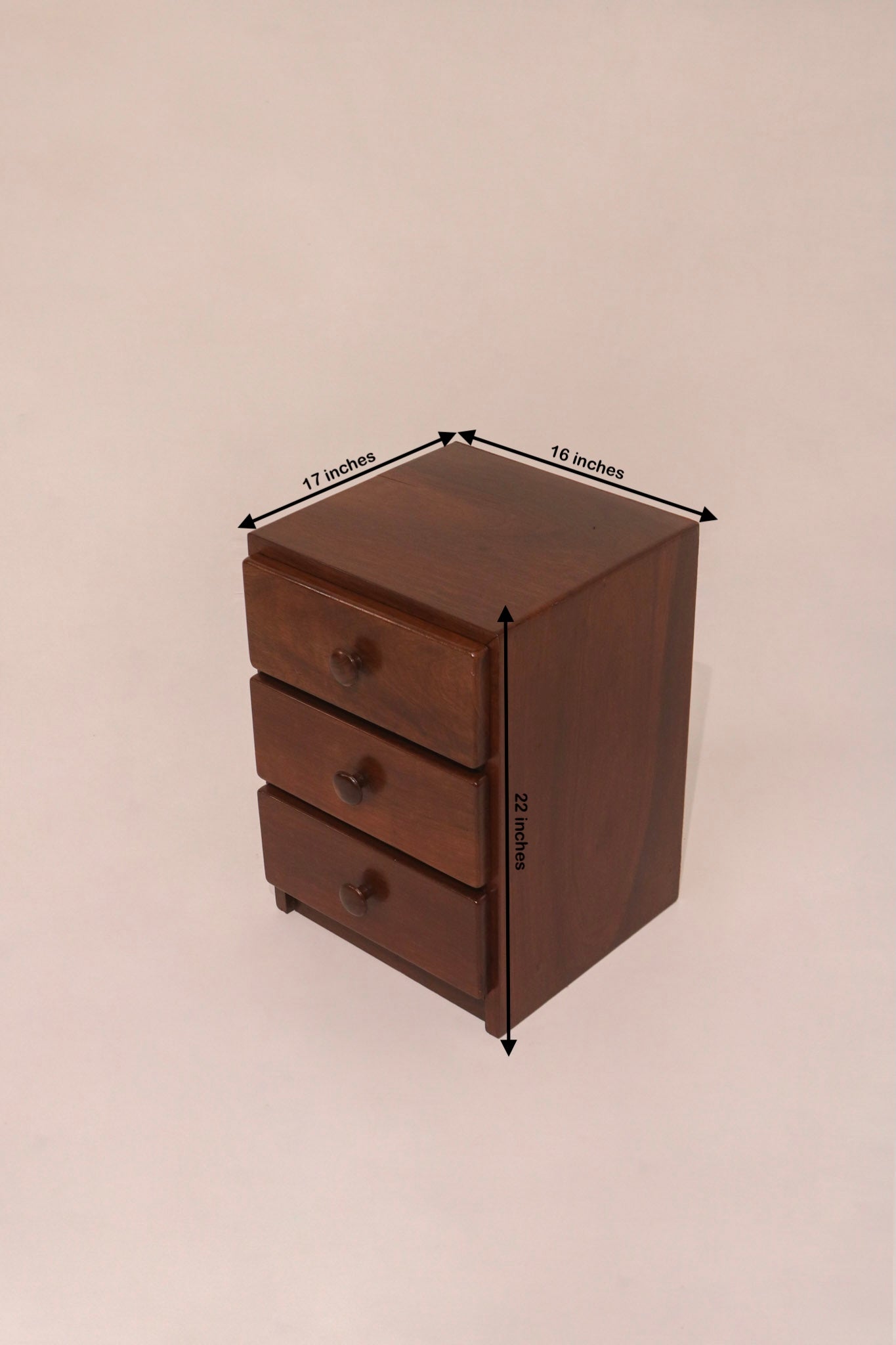 Dimensions diagram 16 by 17 by 22 inches solid walnut bedside table