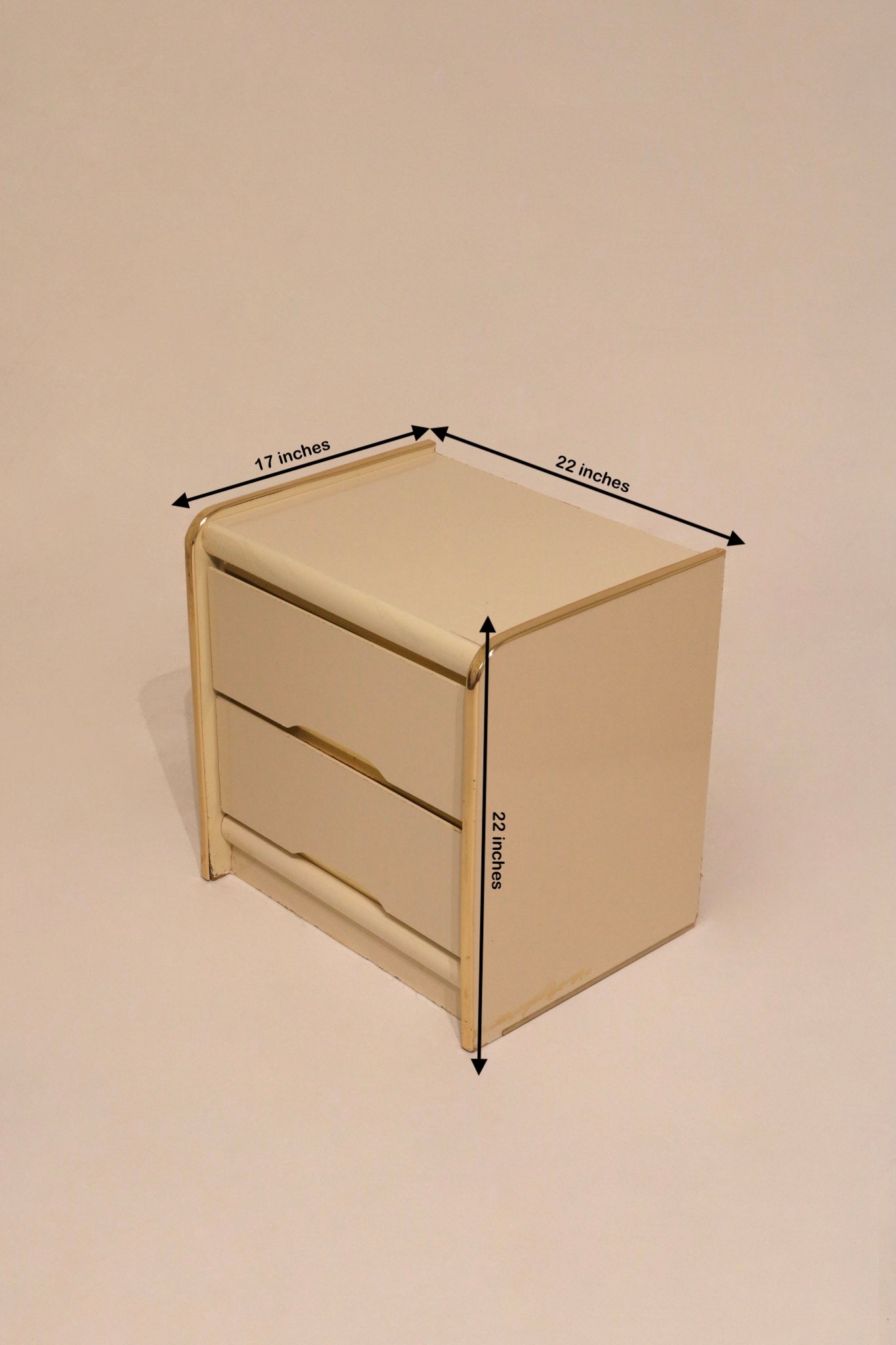 Dimensions diagram 22 by 17 by 22 inches vintage lacquered bedside table