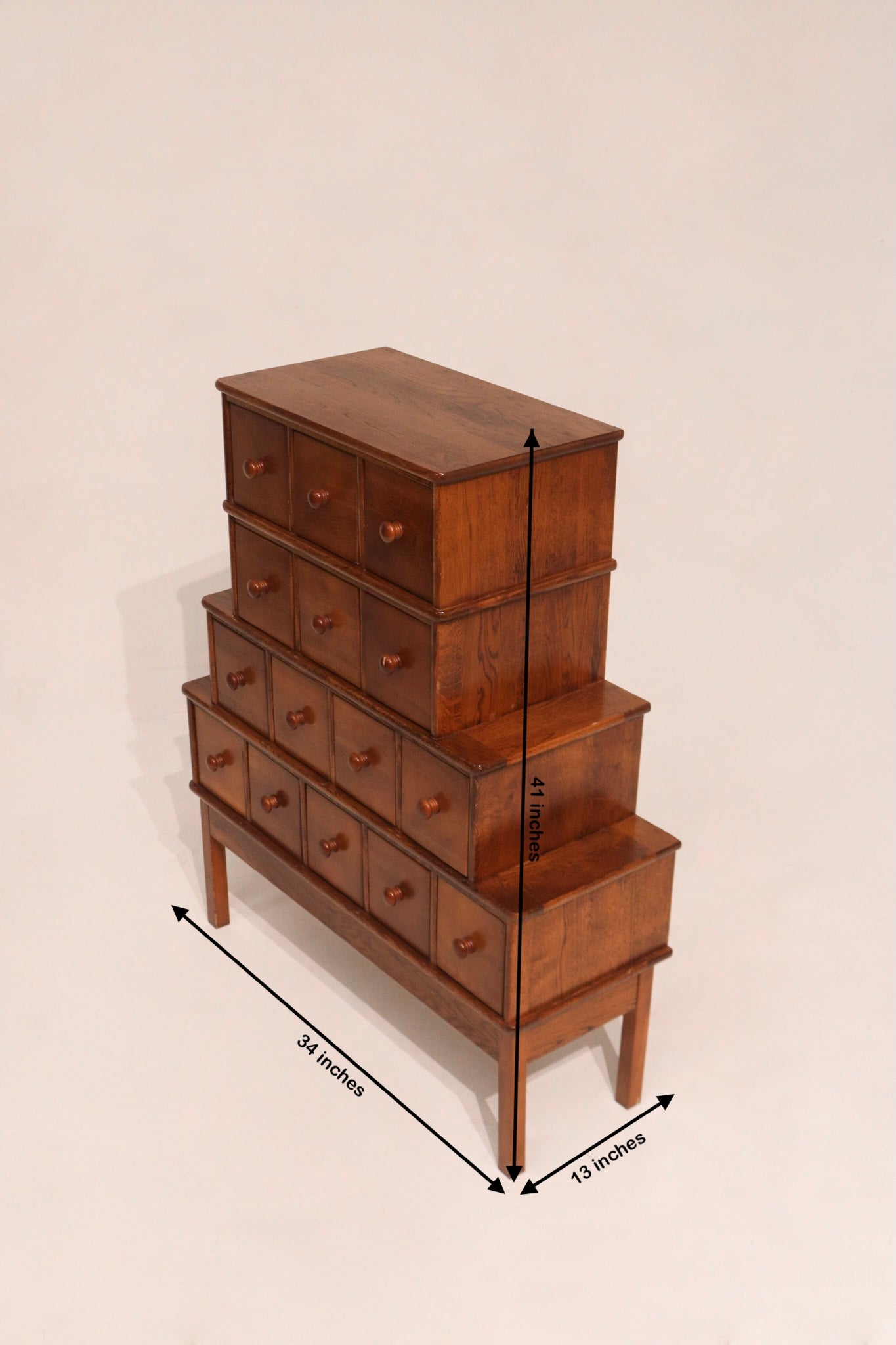 Dimensions diagram 34 by 13 by 41 inches small rustic oak cabinet chest