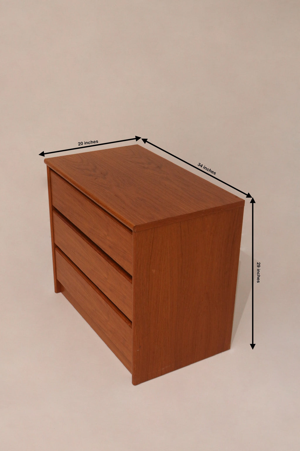 Dimensions diagram 34 by 20 by 29 inches small teak chest of drawers