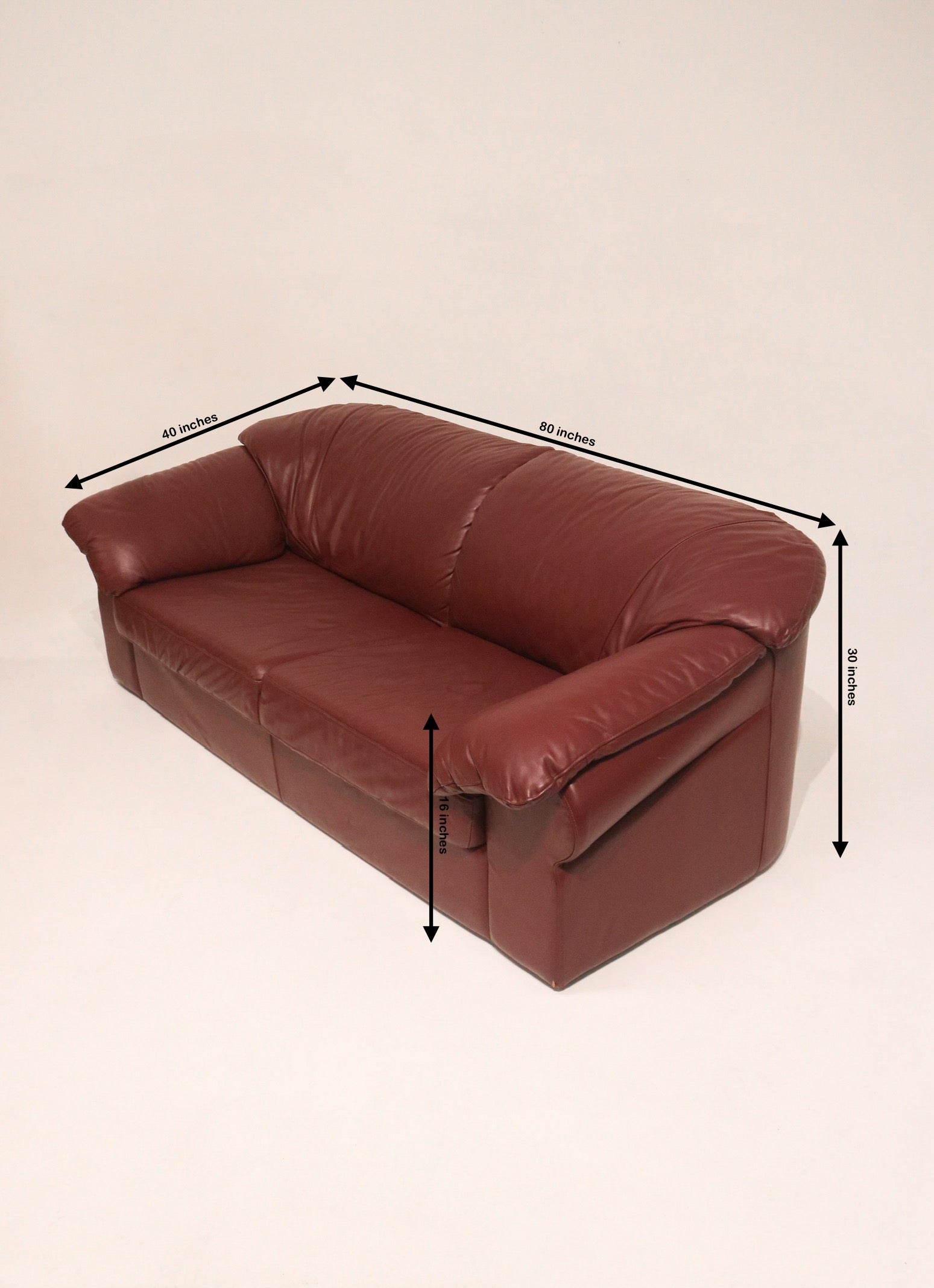 Dimensions diagram 80 by 40 by 30 inches burgundy leather sofa